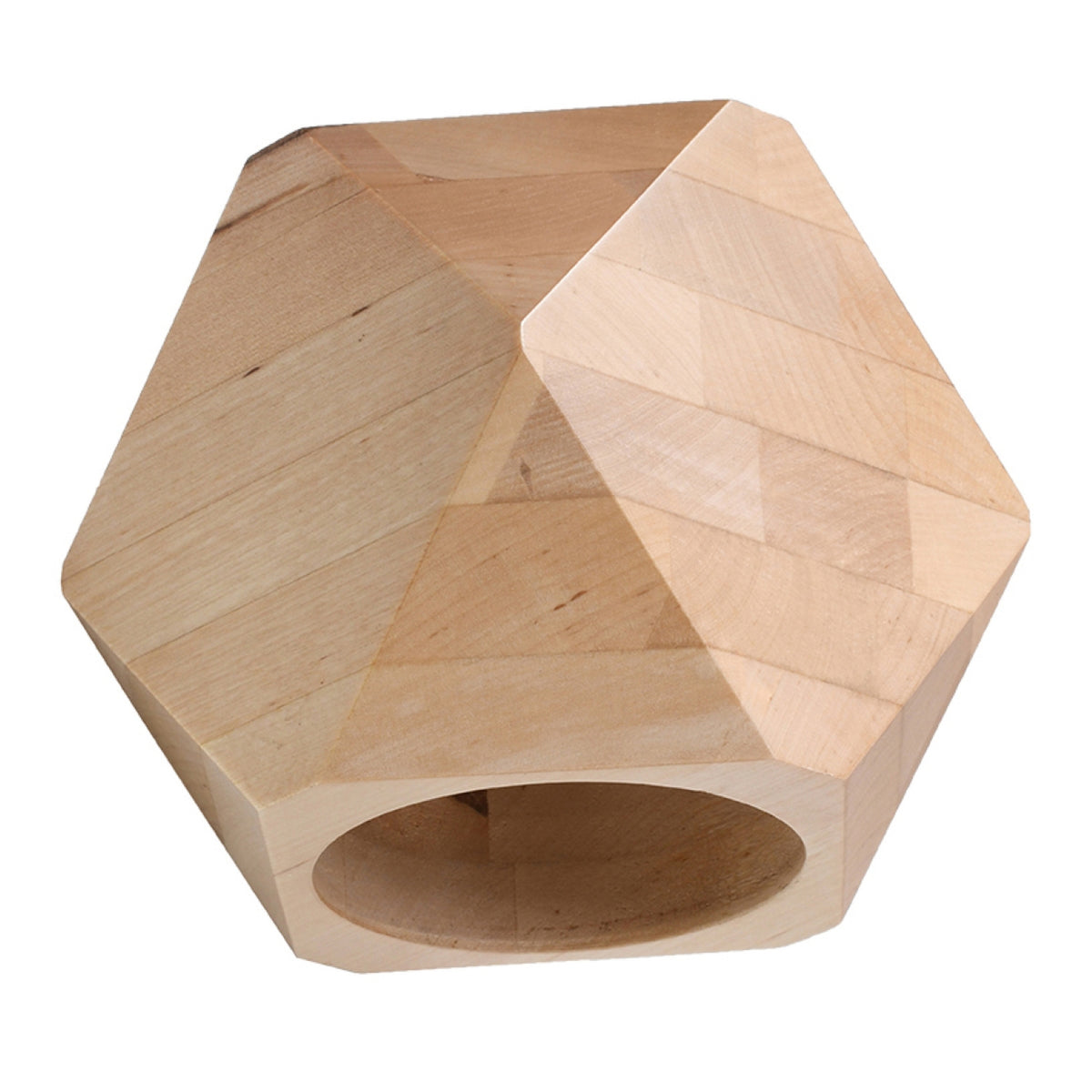 Applique murale Woody en bois naturel taillé à facettes avec son ouverture ronde sur fond blanc