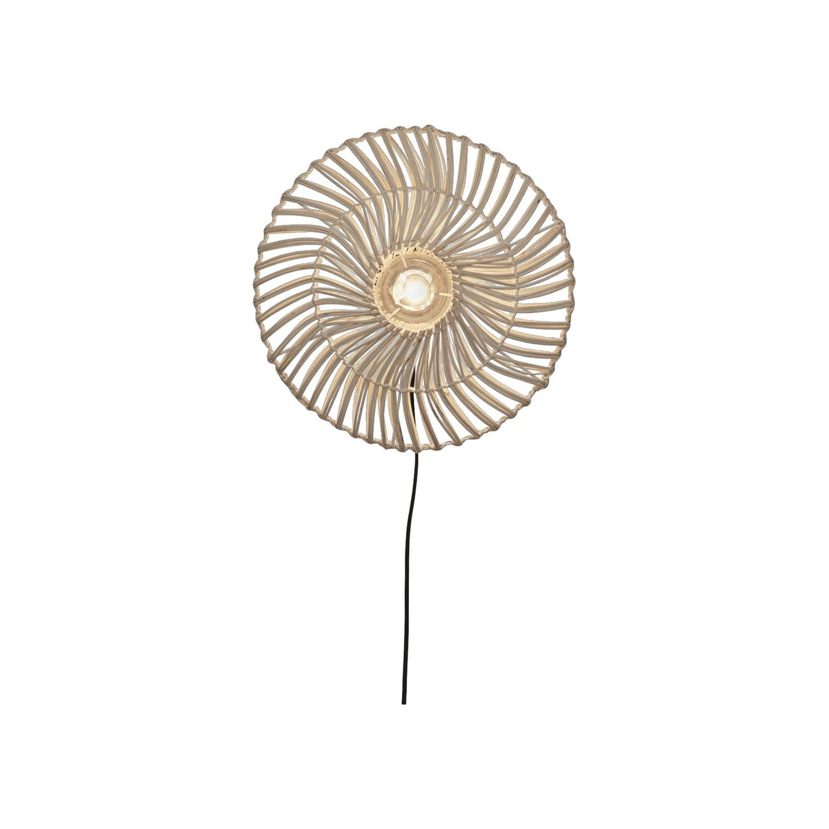 Applique murale Zanzibar rotin blanc 40 cm détourée allumée avec son câble noir