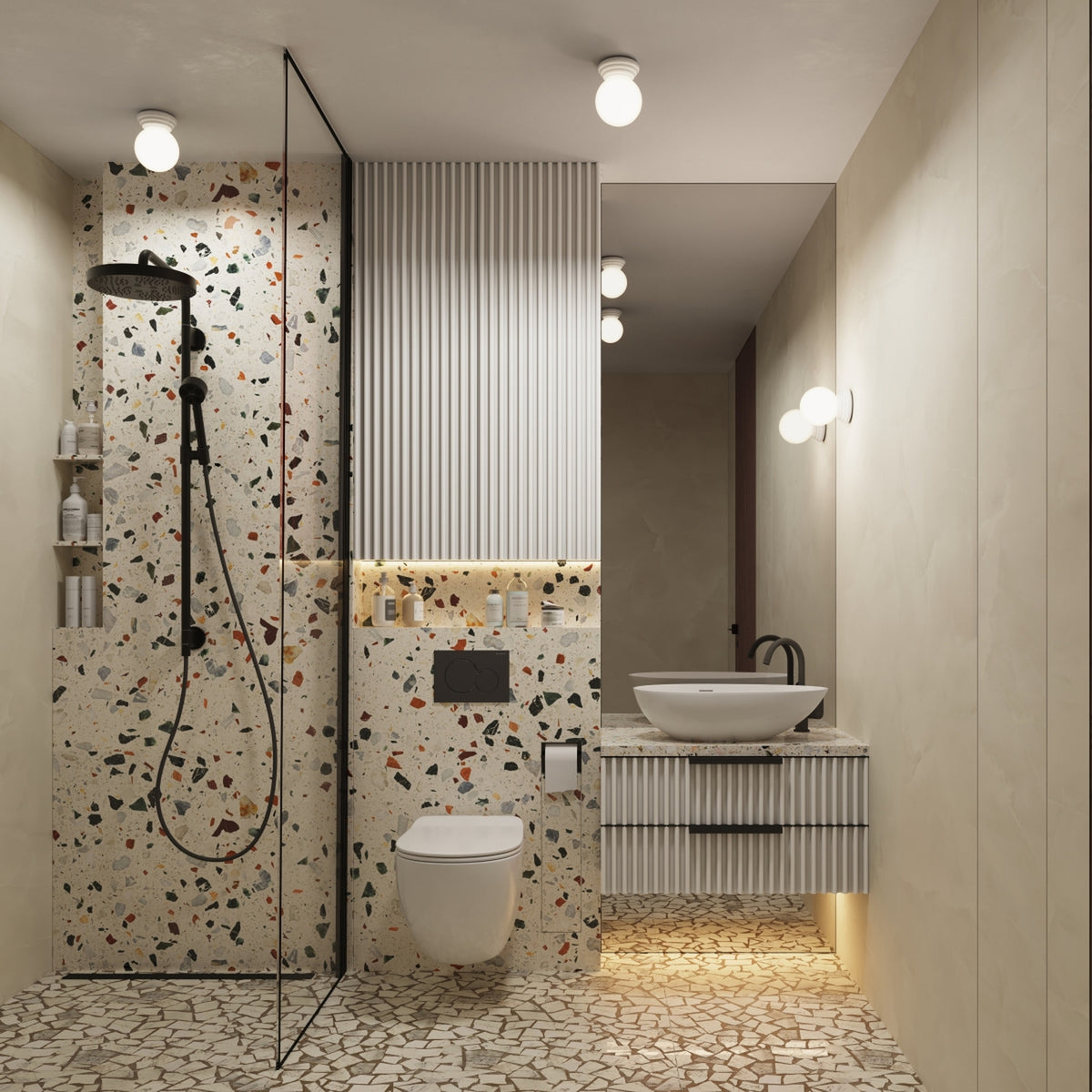 Salle de bain en terrazzo éclairée par le modèle Zori en céramique émaillée blanche au plafond et en applique près du miroir