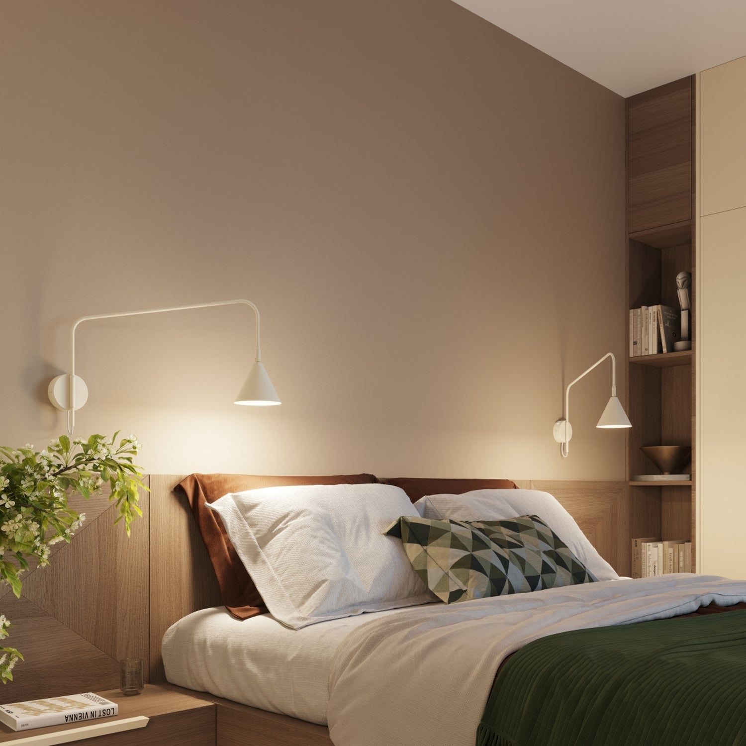 Applique Nox bras déporté acier beige E14 avec interrupteur, ambiance chaleureuse