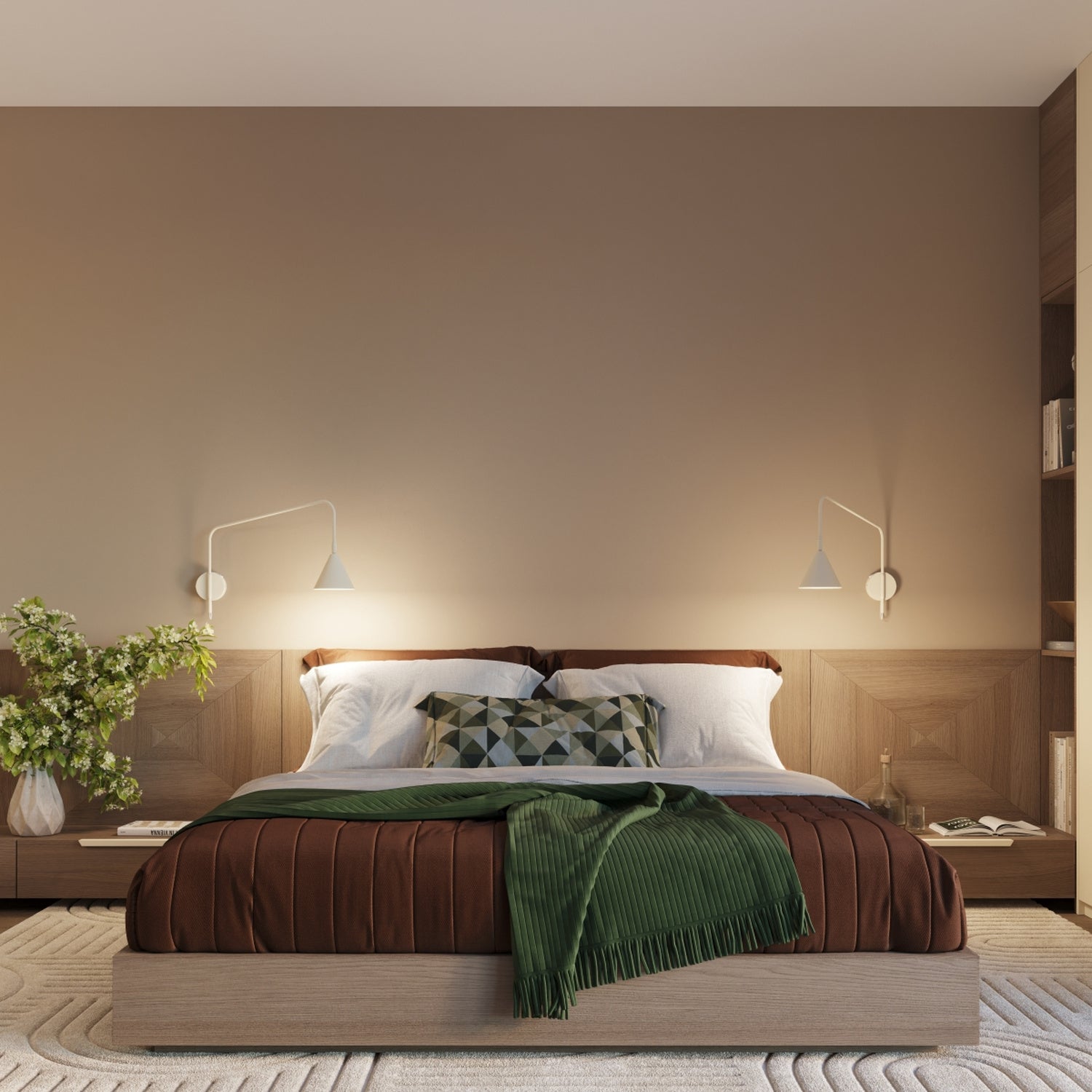 Applique Nox bras déporté acier beige E14 avec interrupteur en situation dans un intérieur