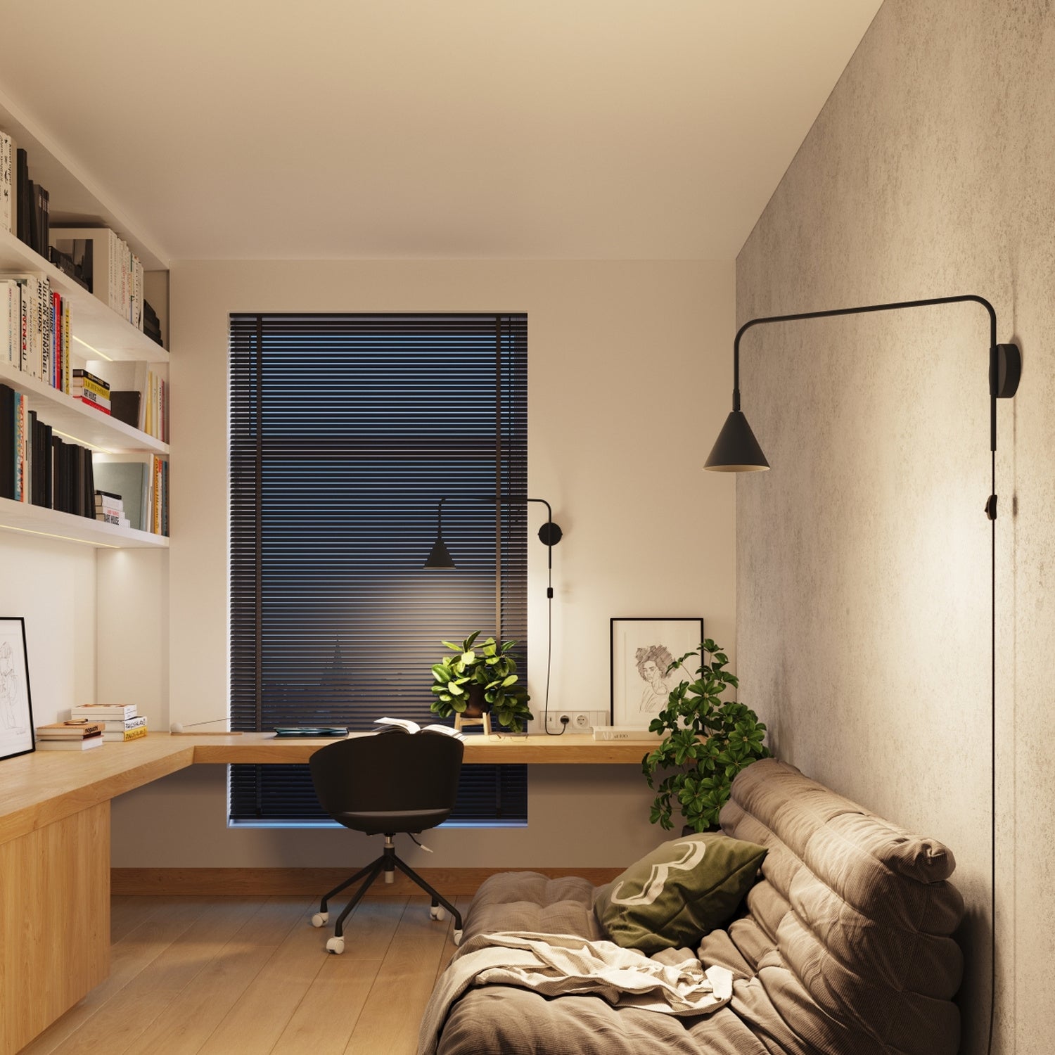 Applique Nox bras déporté acier noir E14 en situation dans un intérieur