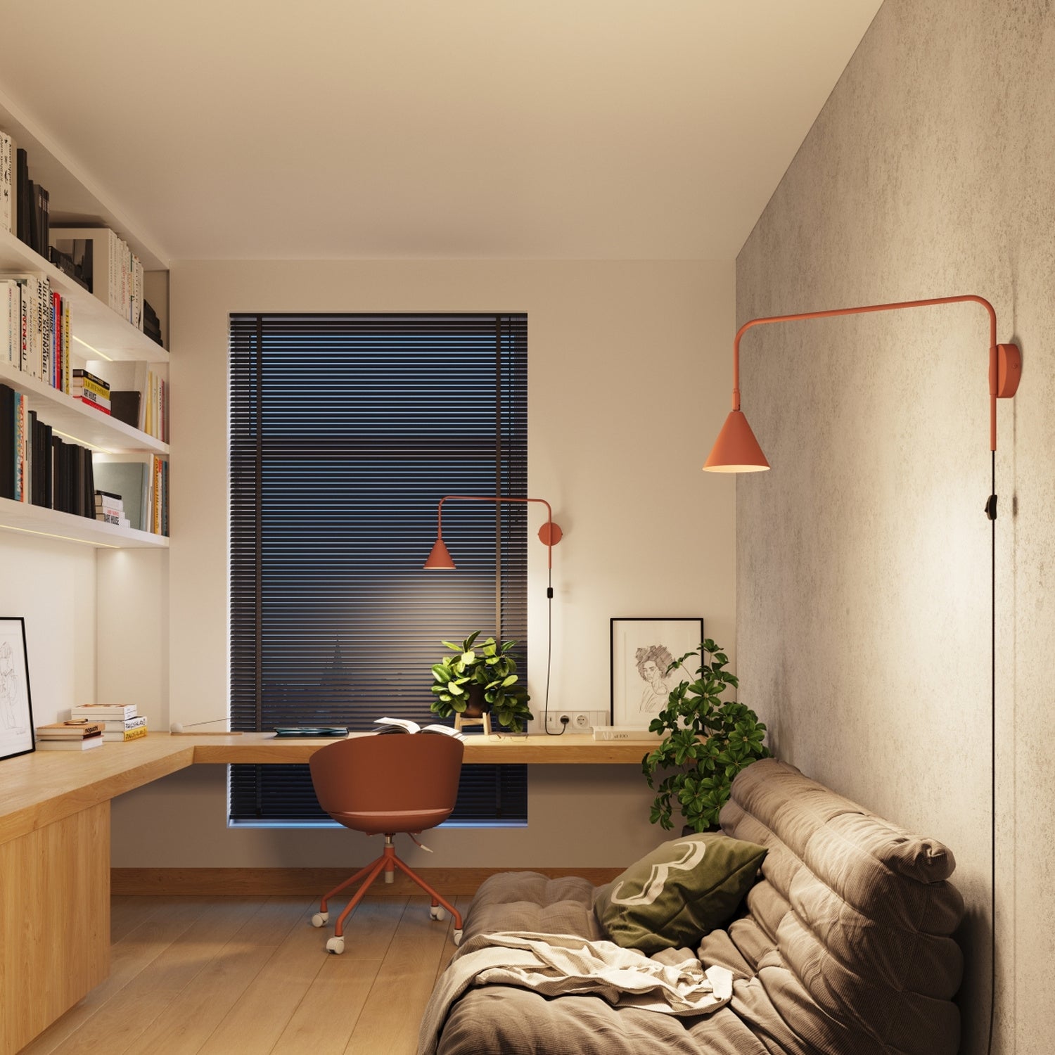Applique Nox bras déporté acier rouge ocre E14 en situation dans un intérieur