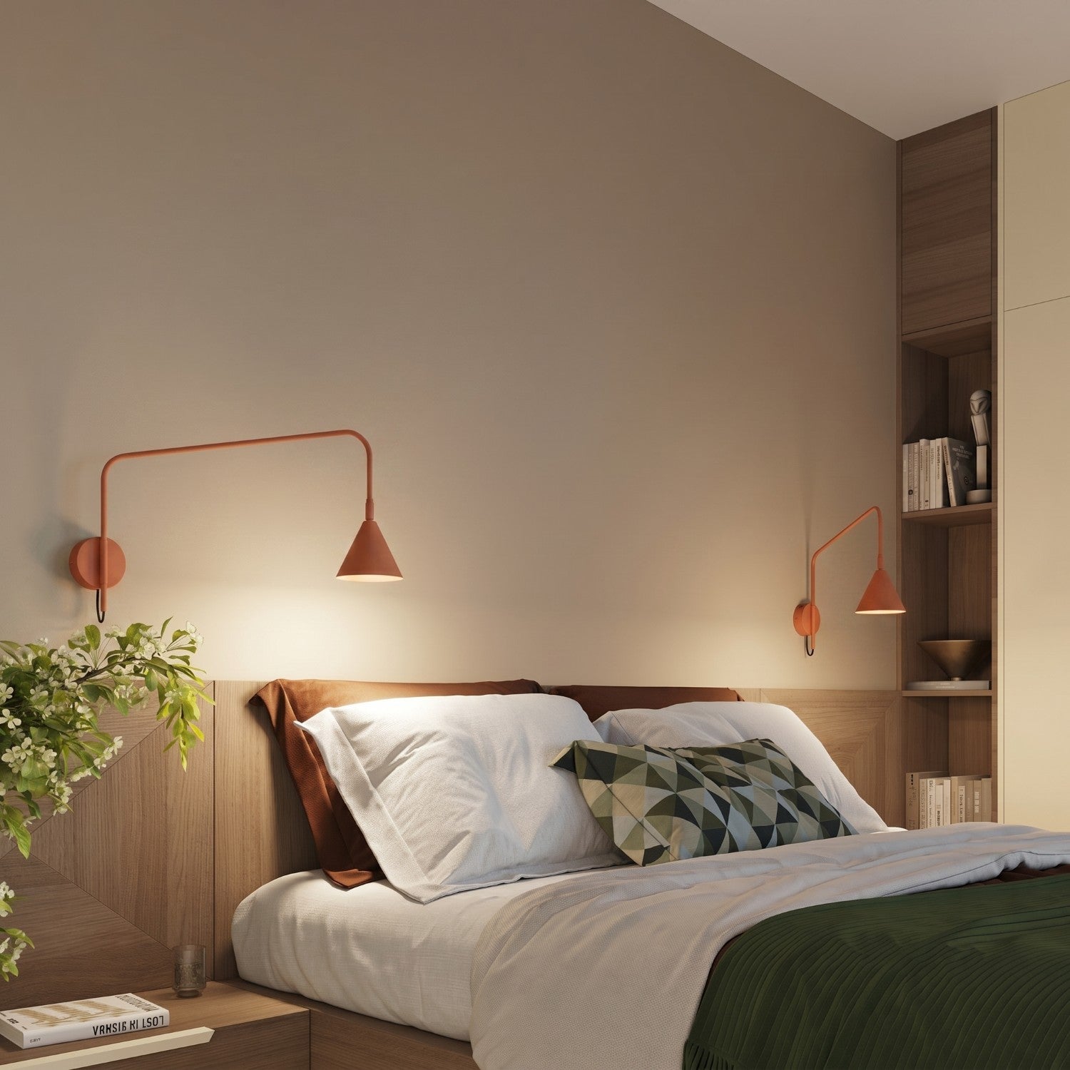Applique Nox bras déporté acier rouge ocre E14 avec interrupteur, ambiance chaleureuse