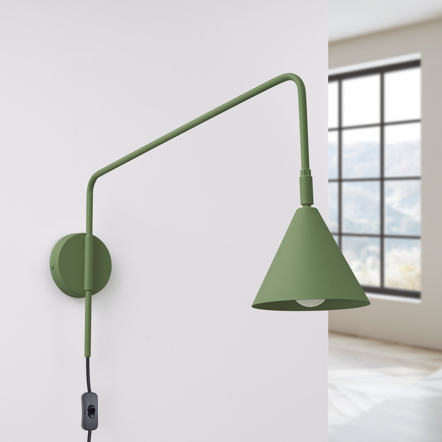 Applique Nox bras déporté acier vert olive E14, vue de profil