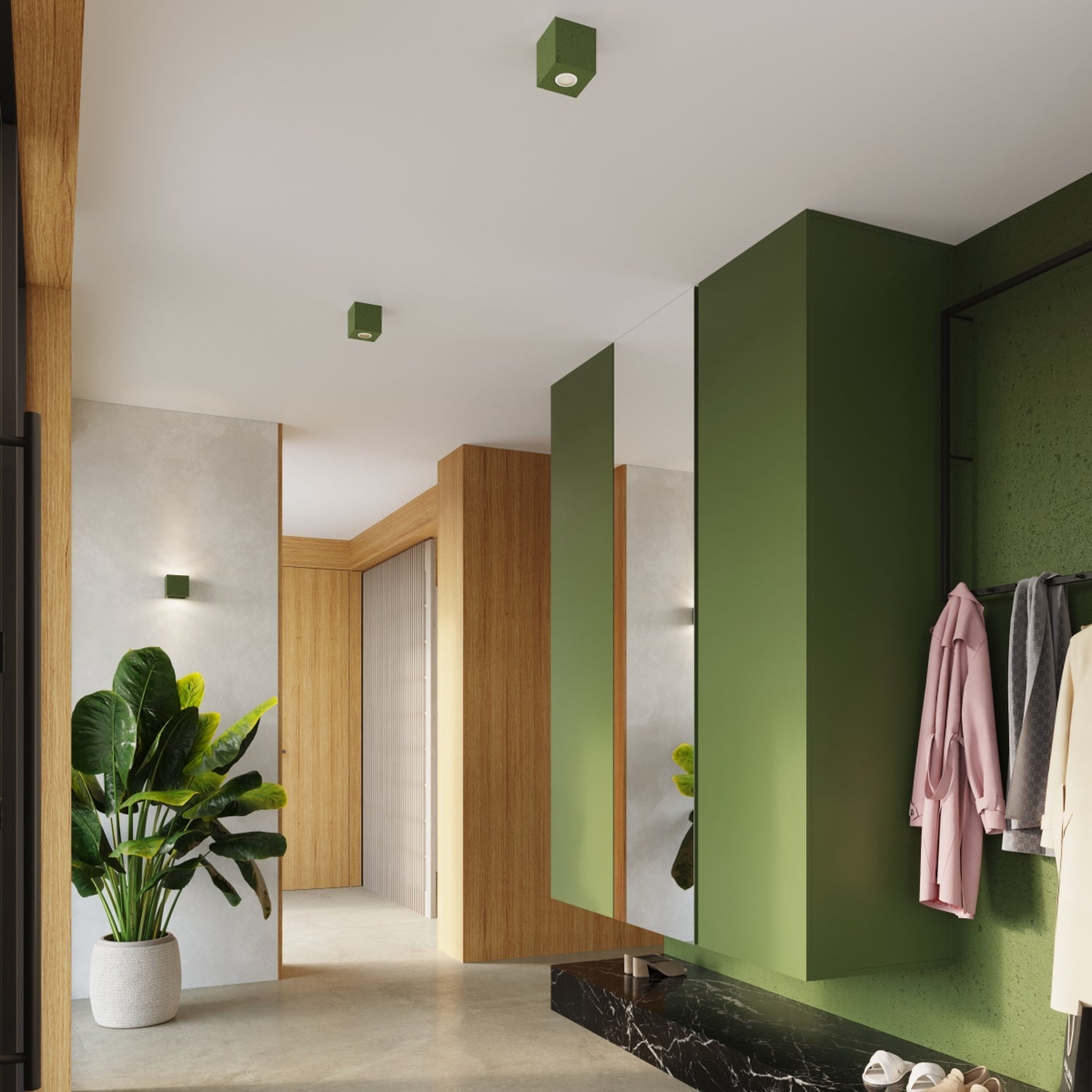 Applique Quad béton vert olive G9, ambiance chaleureuse