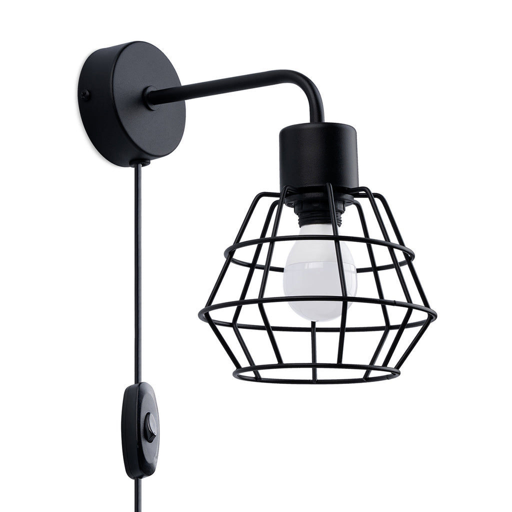Applique Suba métal noir E14, abat-jour cage diamant en fil d'acier noir, ampoule E14 apparente, cordon à interrupteur