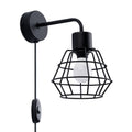Applique Suba métal noir E14, abat-jour cage diamant en fil d'acier noir, ampoule E14 apparente, cordon à interrupteur