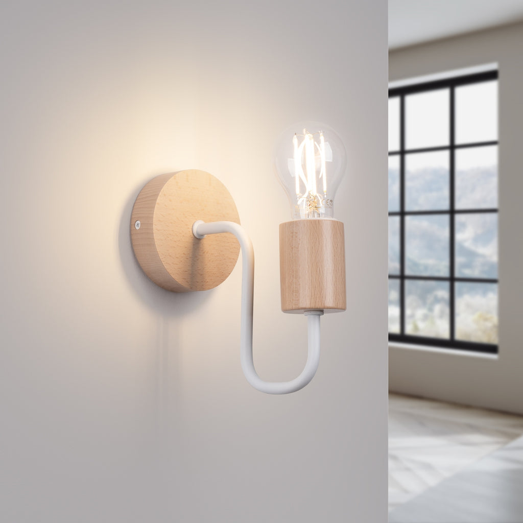 Applique Timbo bois et métal blanche E27 allumé