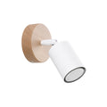 Applique Verdo bois et acier blanc GU10, spot cylindrique orientable en acier blanc sur base ronde en bois naturel