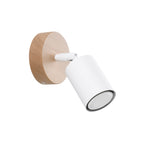 Applique Verdo bois et acier blanc GU10, spot cylindrique orientable en acier blanc sur base ronde en bois naturel