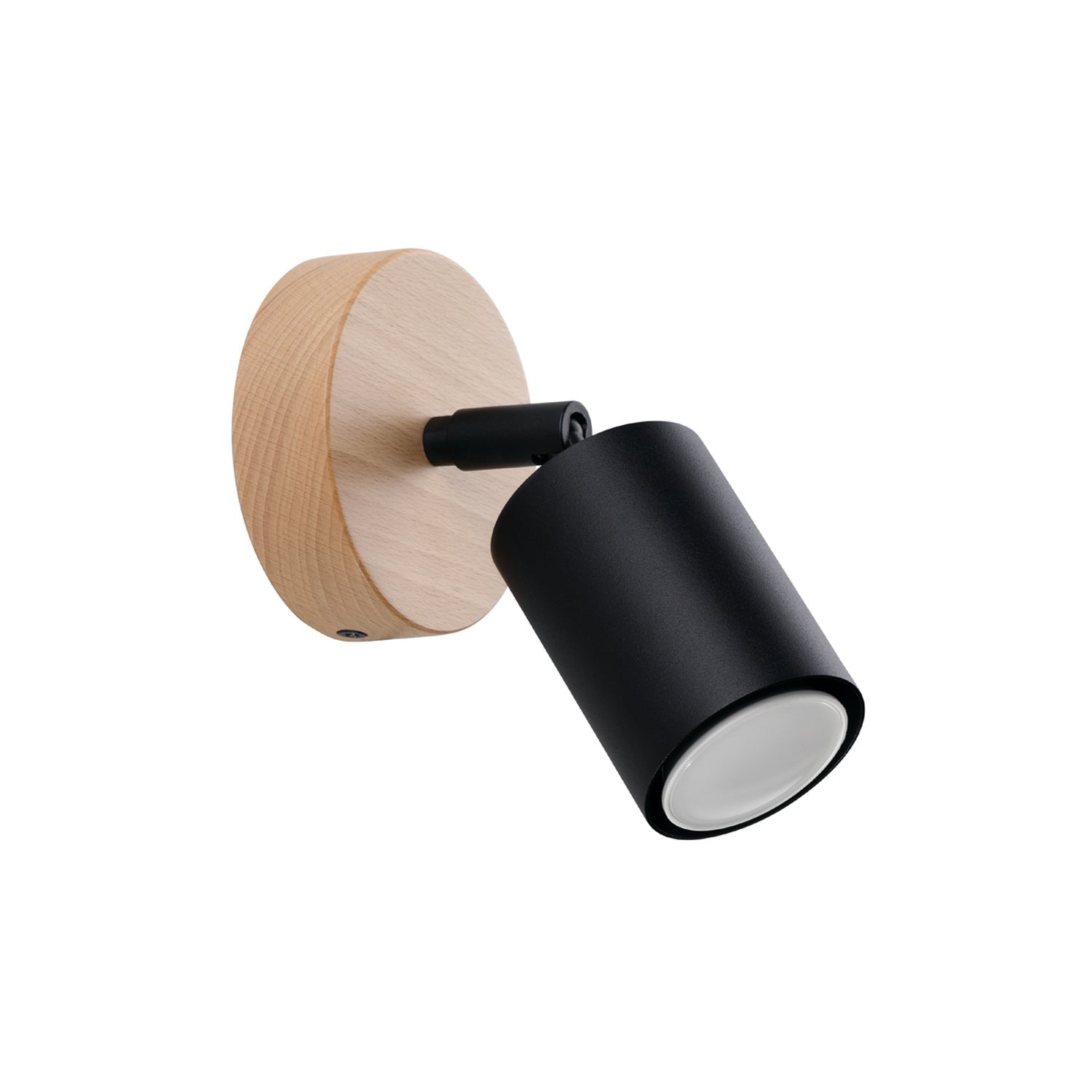 Applique Verdo bois et acier noir GU10, spot cylindrique orientable en acier noir sur base ronde en bois naturel