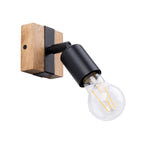 Applique Zuca bois et acier noir E27, douille en acier noir sur embase carrée en bois naturel, ampoule E27 apparente