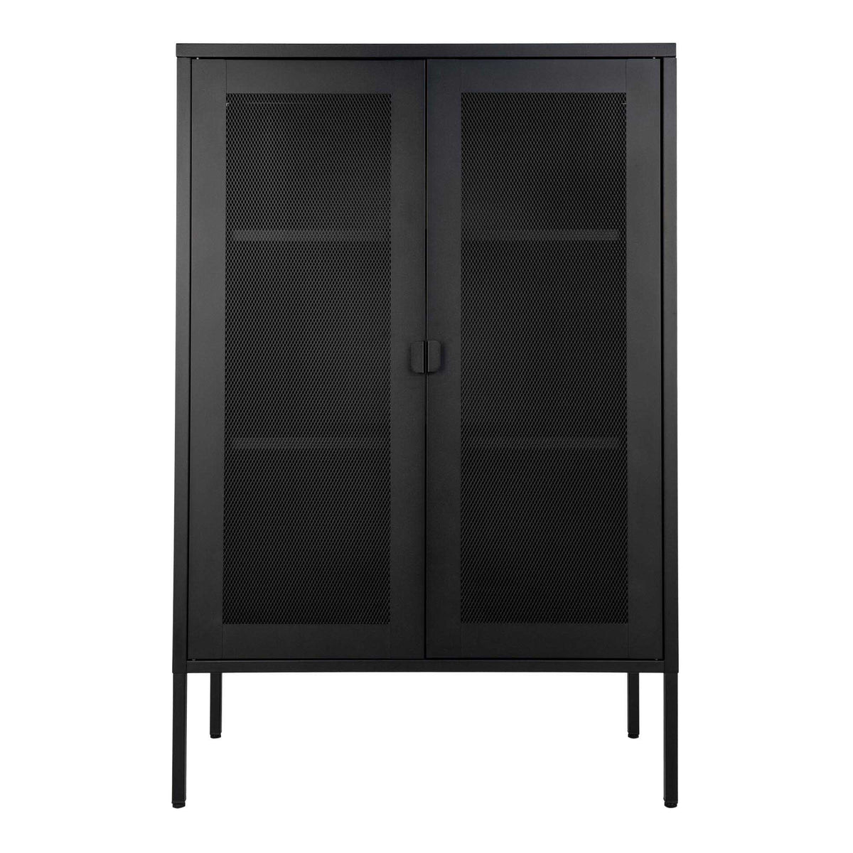 Armoire Melbourne en acier noir vue de face deux portes en grillage losangé et pieds fins