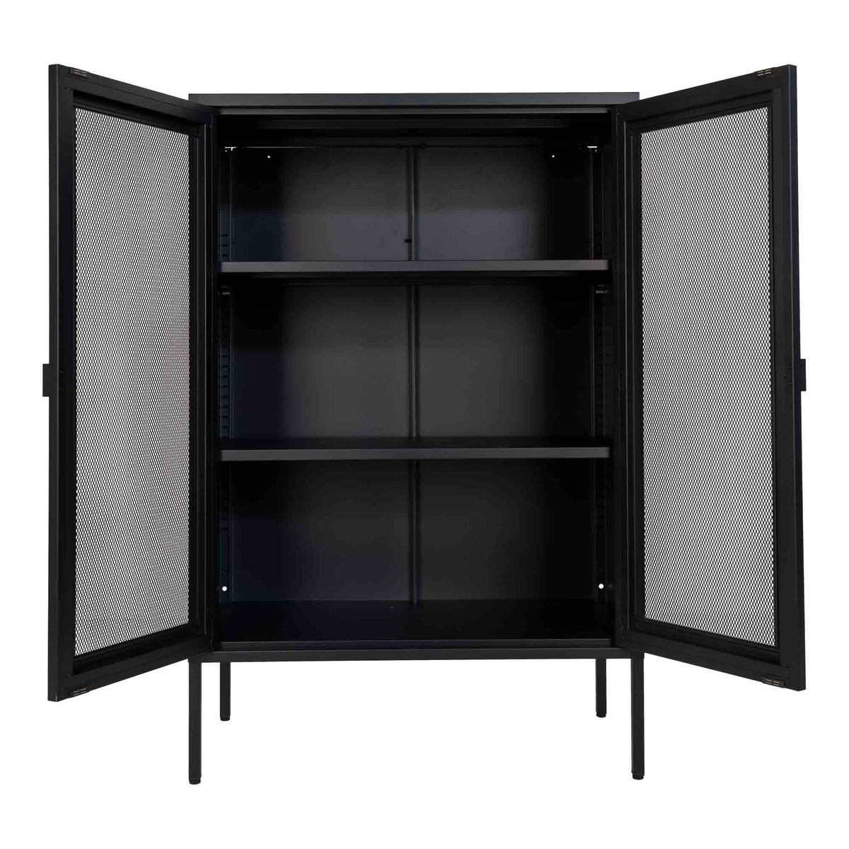 Armoire Melbourne portes ouvertes intérieur noir et deux étagères réglables vides