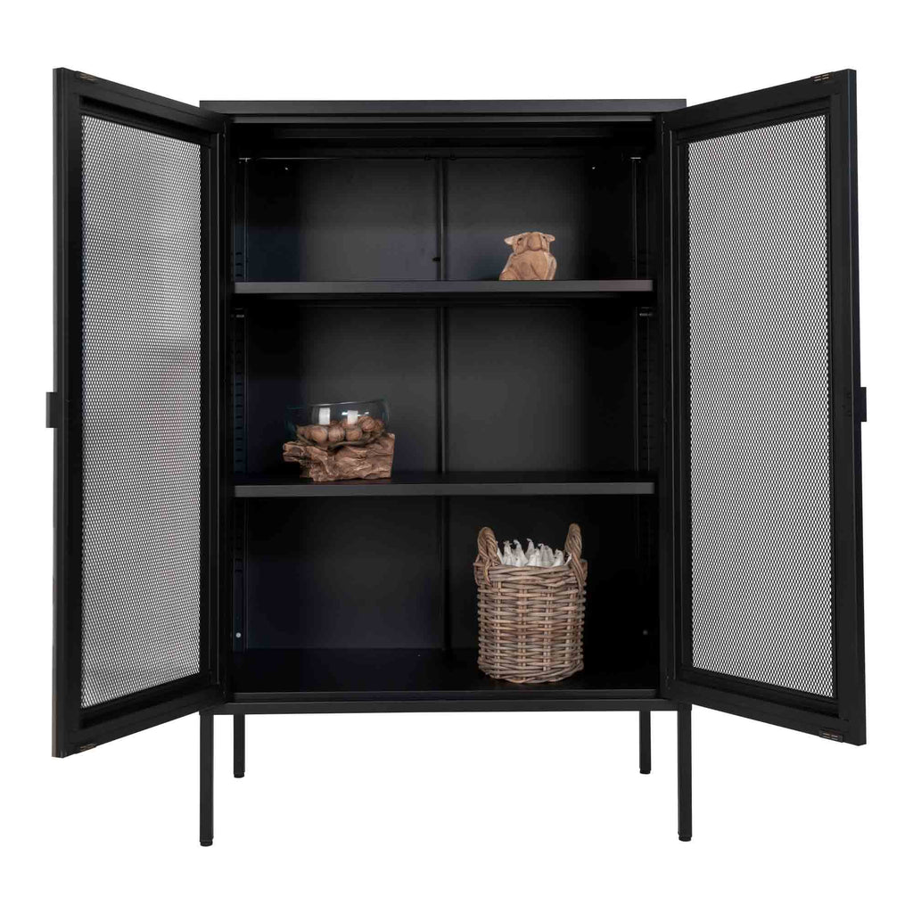 Armoire Melbourne acier noir portes ouvertes styled panier objets teck