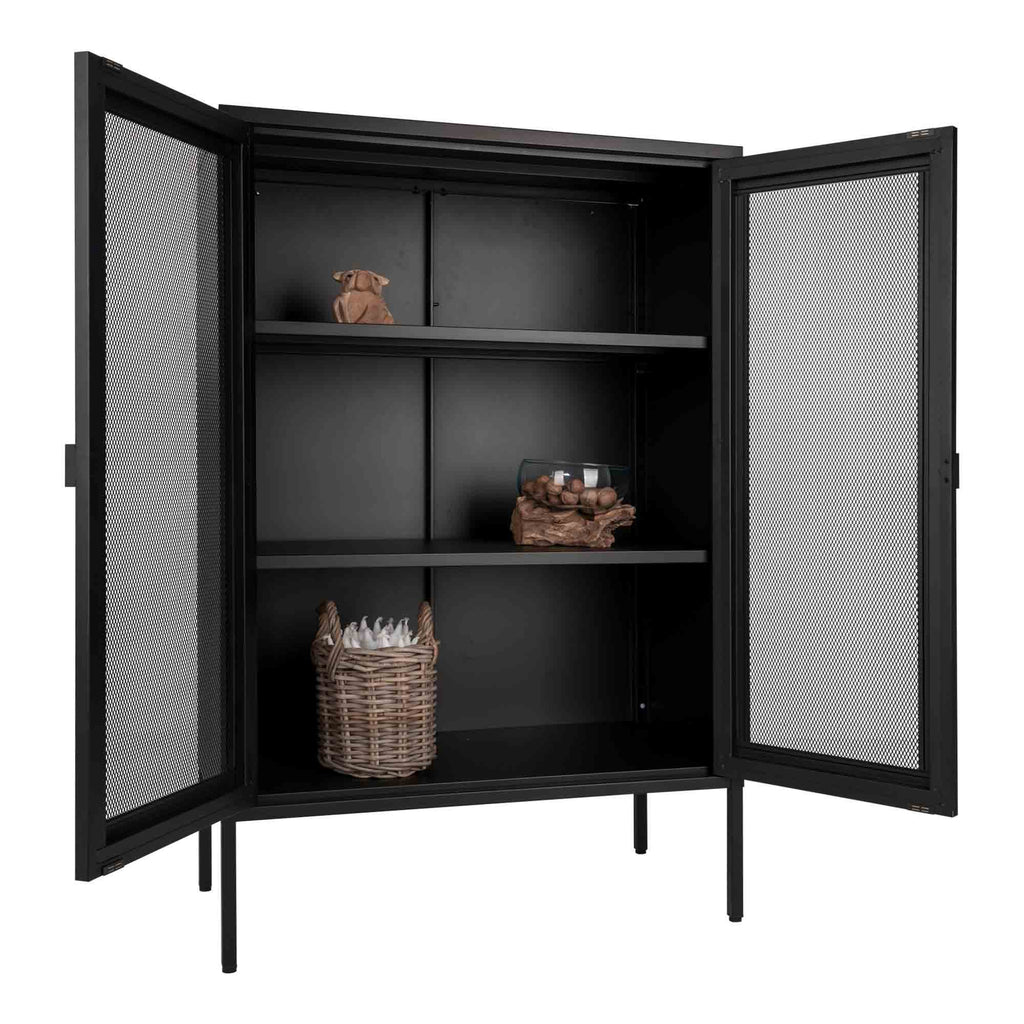 Armoire Melbourne noire portes grillage ouvertes vue trois quarts styled