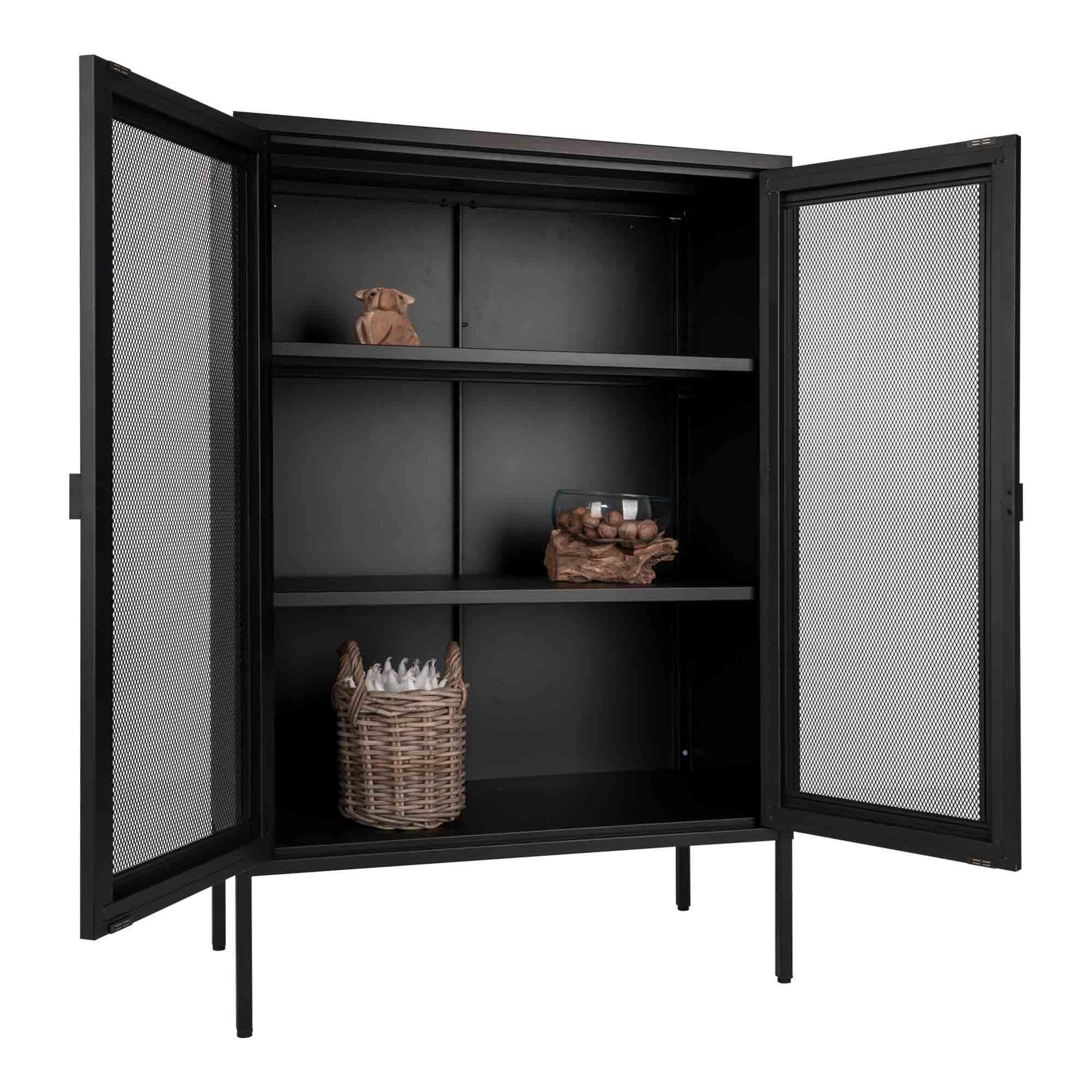 Armoire Melbourne noire portes grillage ouvertes vue trois quarts styled