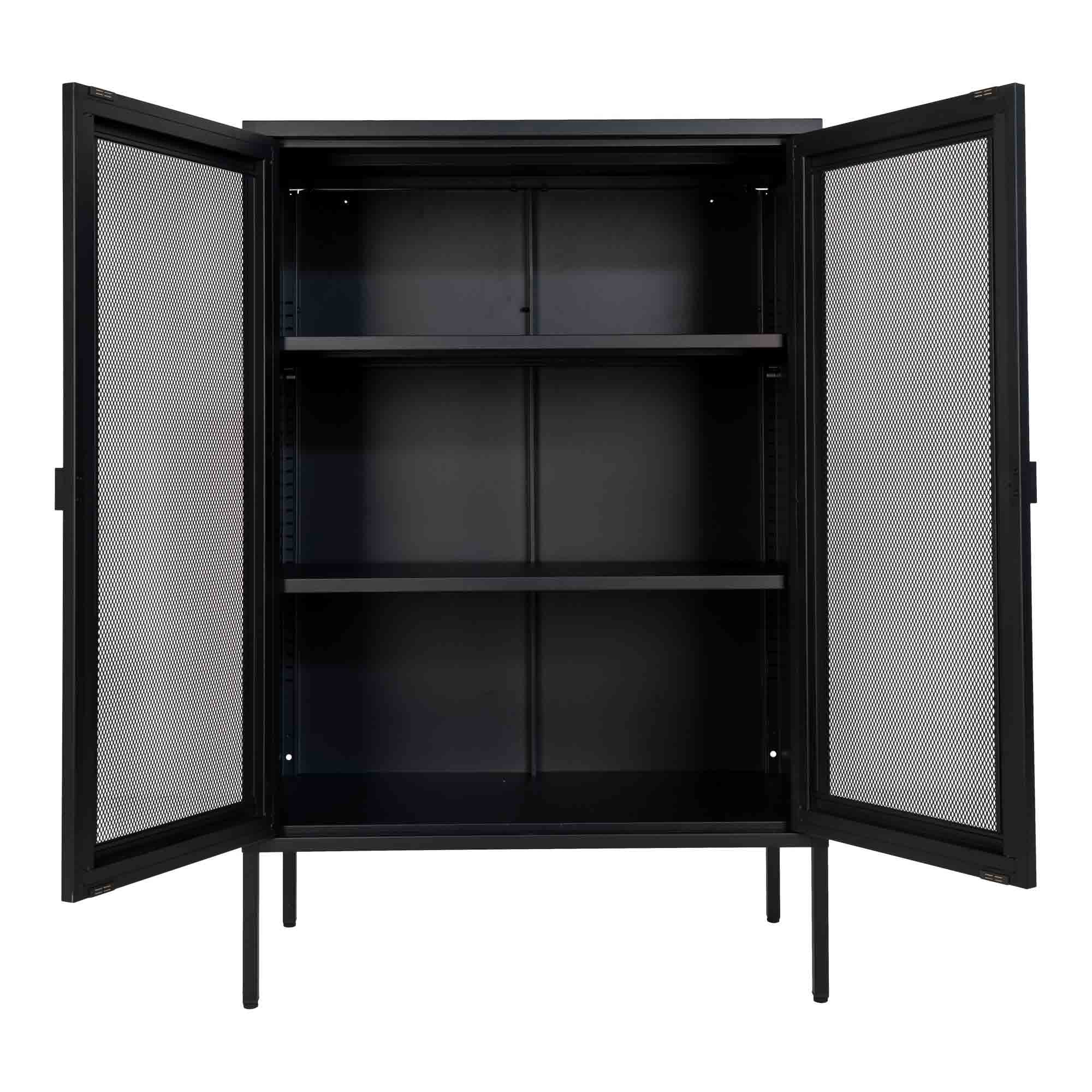 Armoire Melbourne acier noir 2 portes ouvertes 2 étagères réglables vide