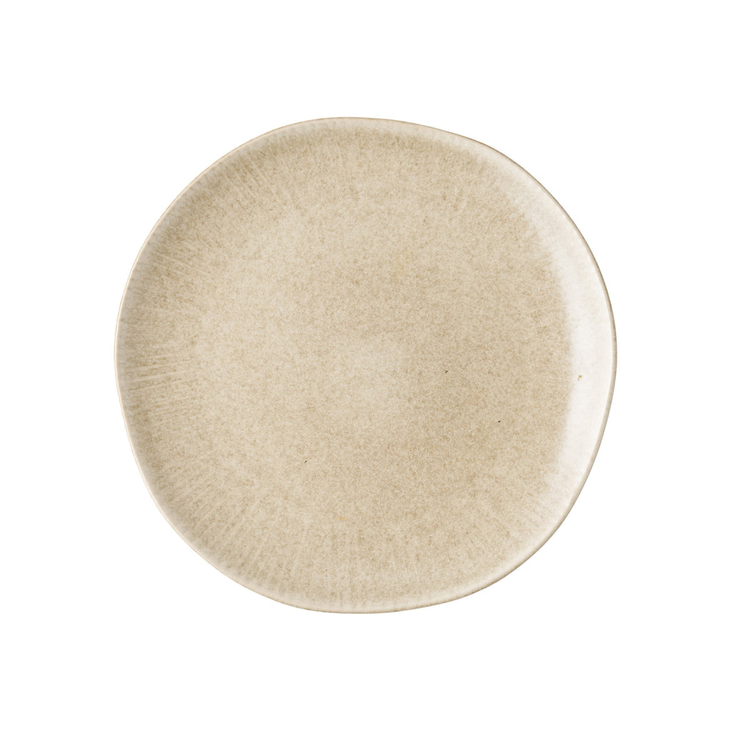 Assiette déjeuner Viola grès réactif beige sable vue de dessus glaçure naturelle Ø21 cm