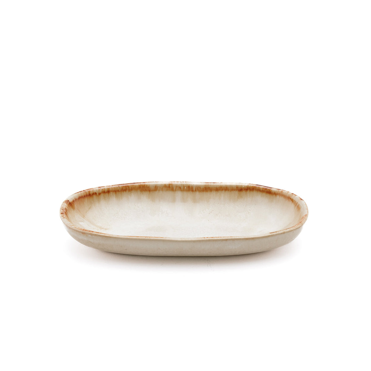 Assiette ovale Cascais L 16 cm en grès blanc crème avec son liseré brun roux