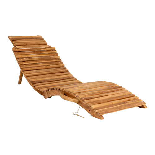 Bain de soleil Arrieta teck naturel vue 3/4, forme ondulée ergonomique dossier relevé