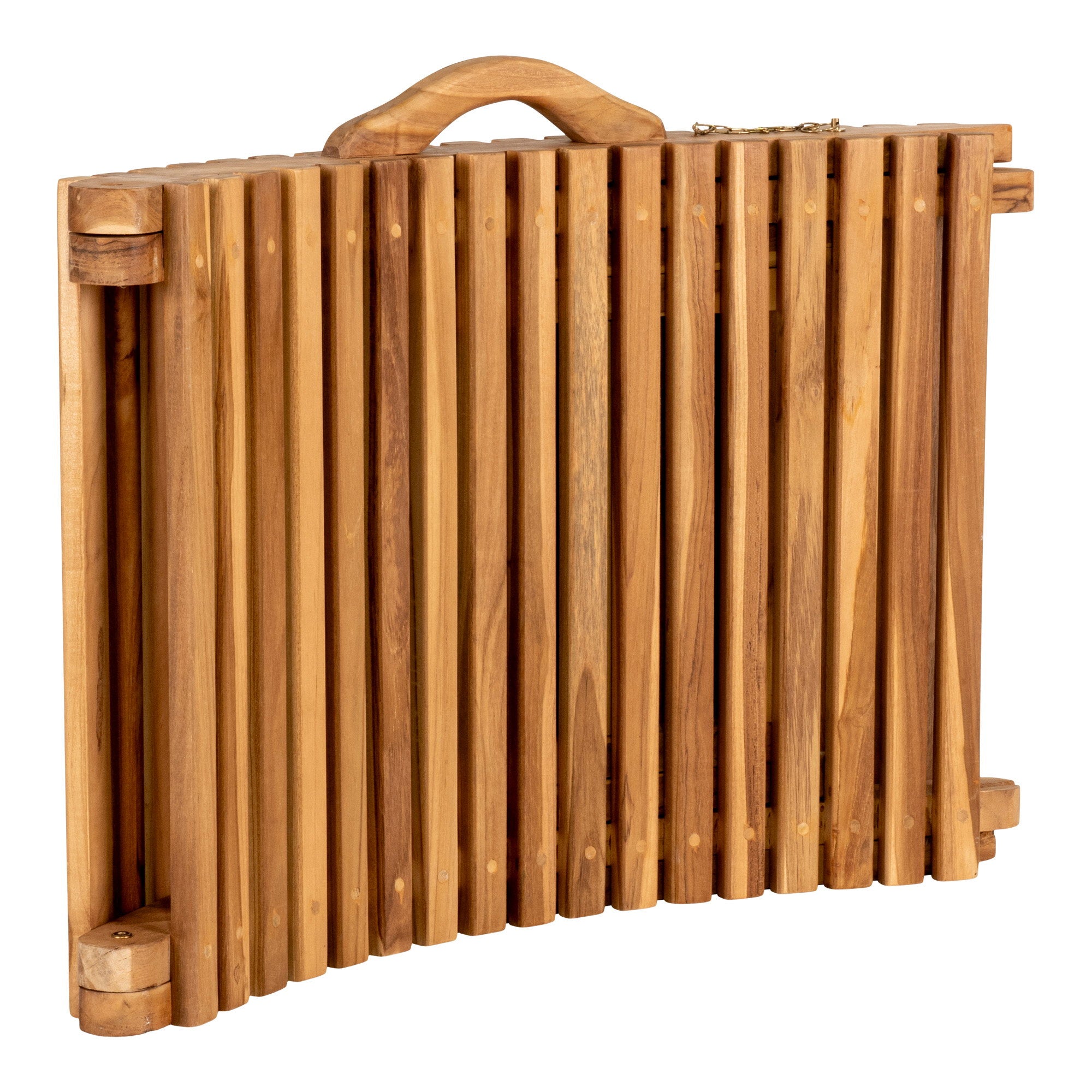 Bain de soleil Arrieta teck replié en position valise avec poignée transport intégrée