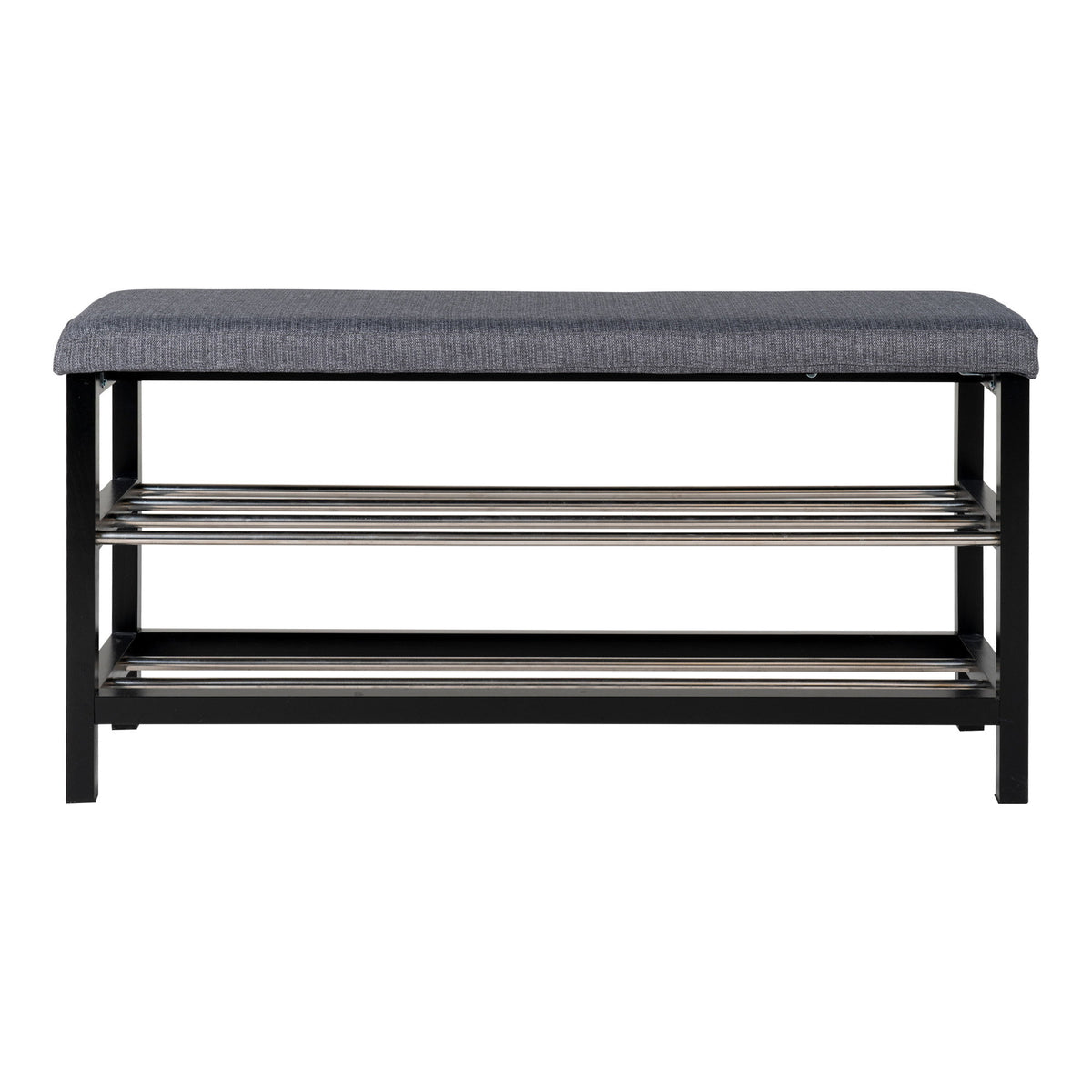 Banc à chaussures Padova vu de face sur fond blanc assise grise et étagères chromées