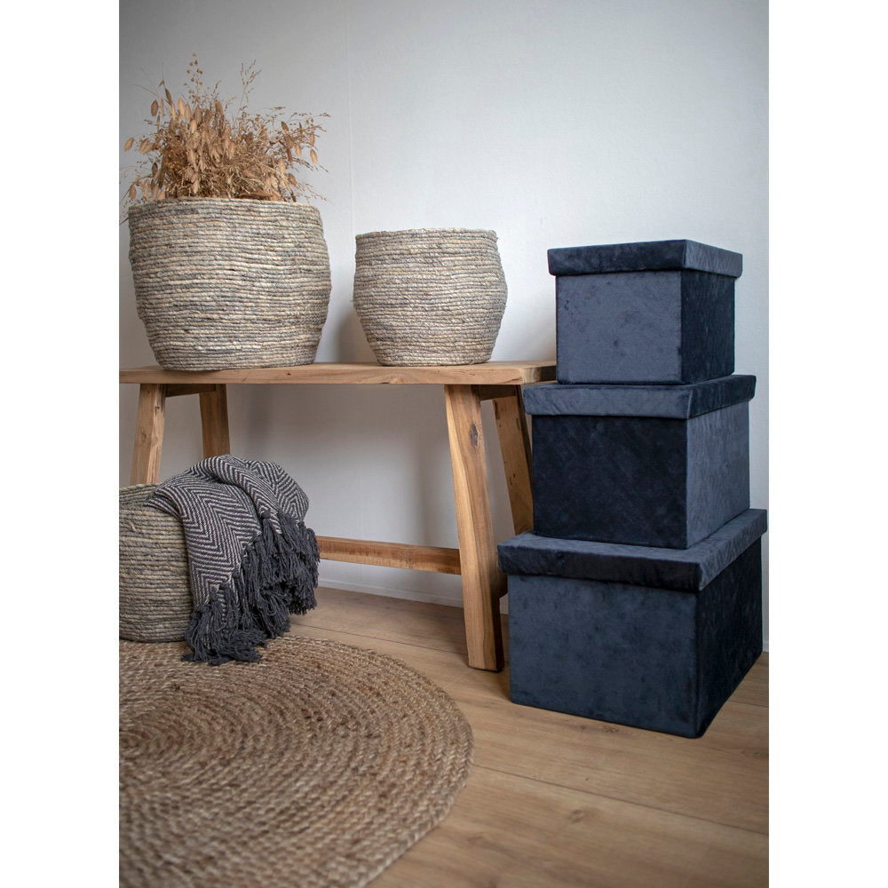 Banc teck naturel Barcelona avec boîtes de rangement bleu marine