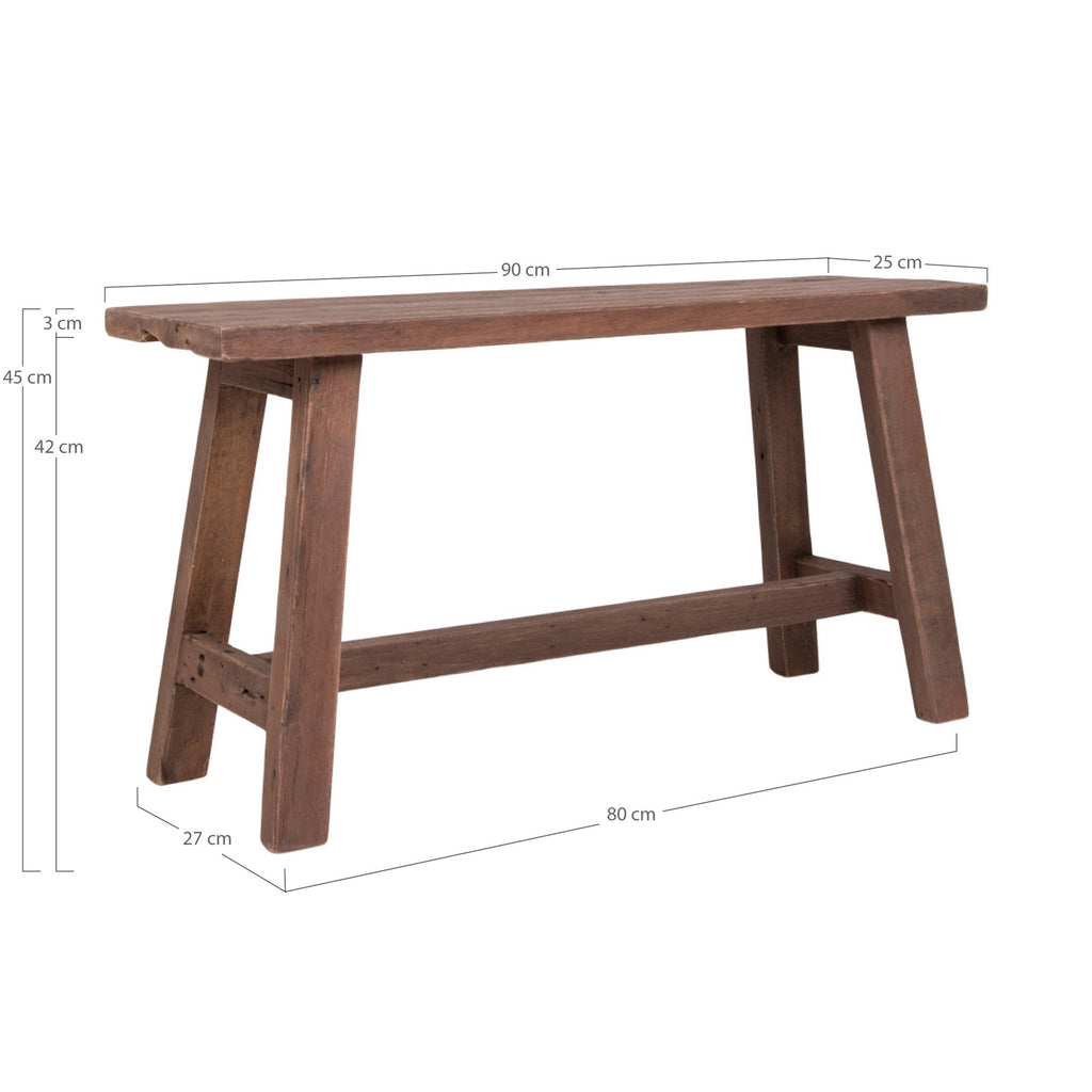 Banc Barcelona teck naturel avec dimensions 90x25x45 cm sur fond blanc