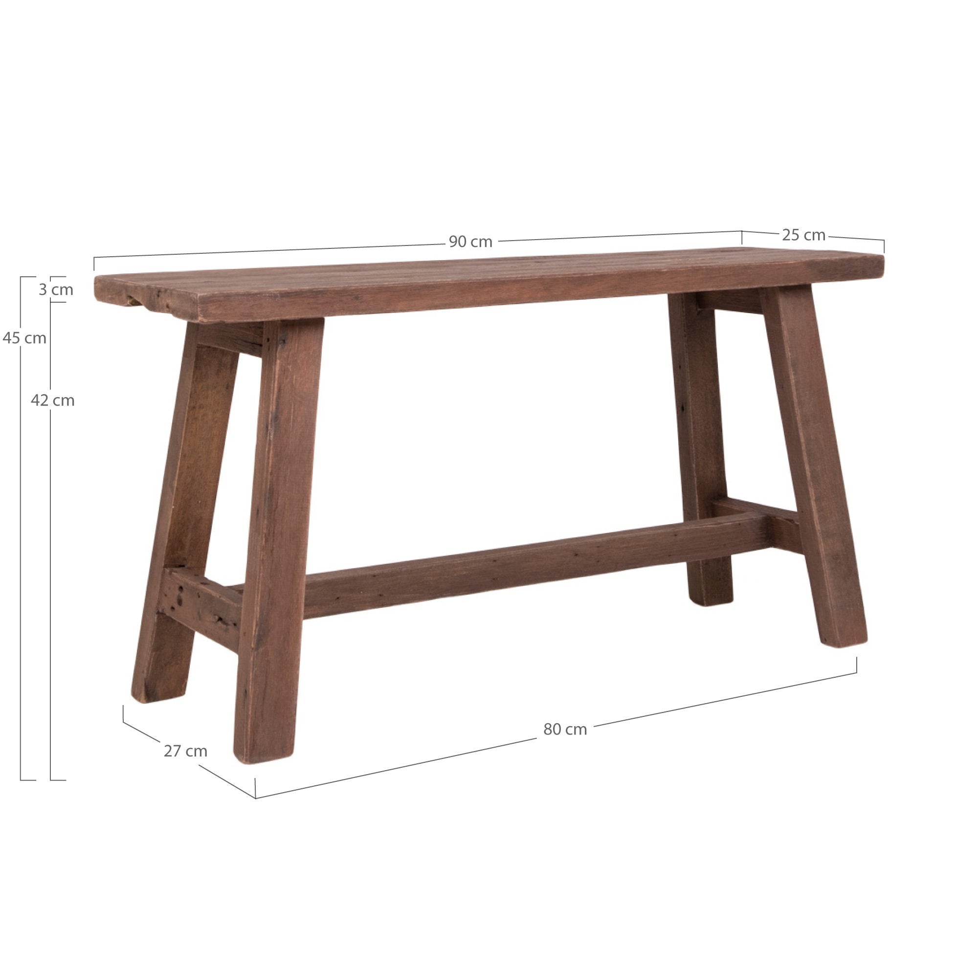 Banc Barcelona teck naturel avec dimensions 90x25x45 cm sur fond blanc