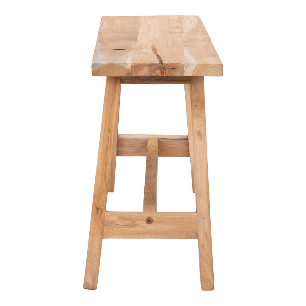 Banc Barcelona teck naturel vue profil pieds en A structure bois massif