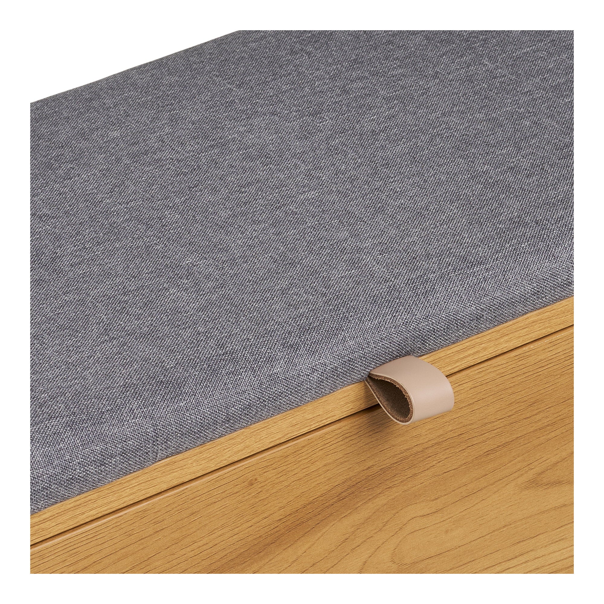 Banc coffre Barco détail tirette cuir naturel assise rembourrée polyester gris chiné