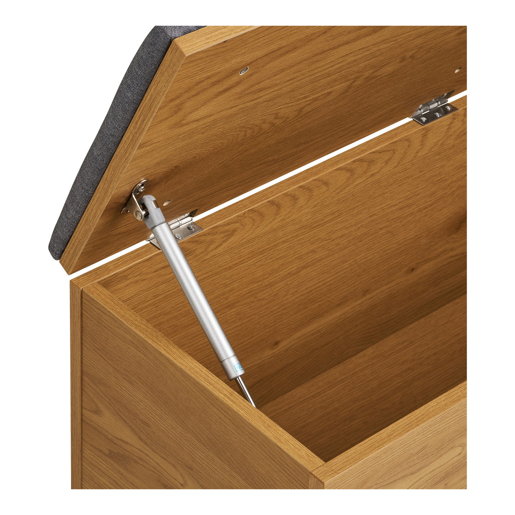 Banc coffre Barco détail vérin hydraulique couvercle intérieur bois chêne rangement caché