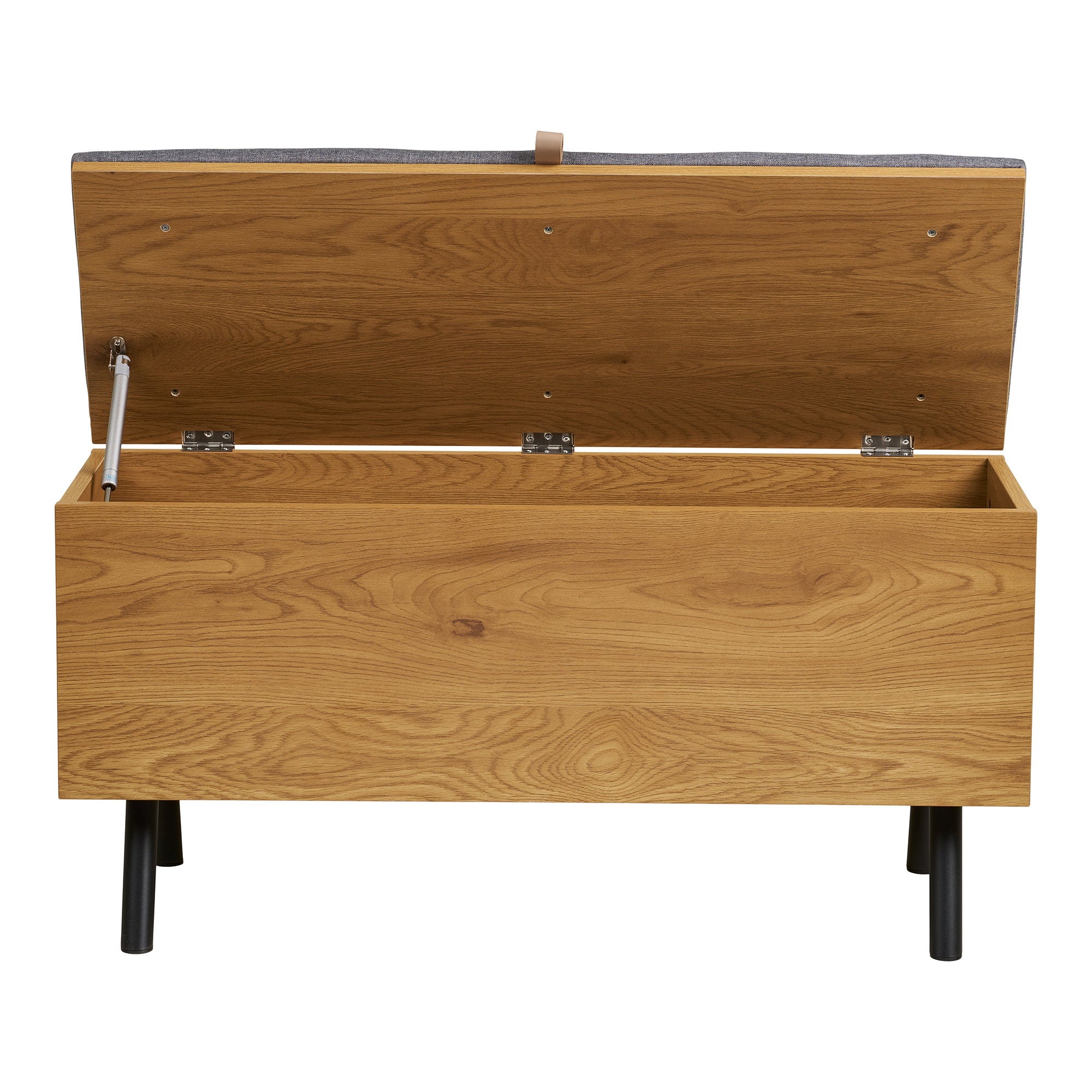 Banc coffre Barco ouvert vue de face intérieur rangement bois chêne couvercle vérin hydraulique