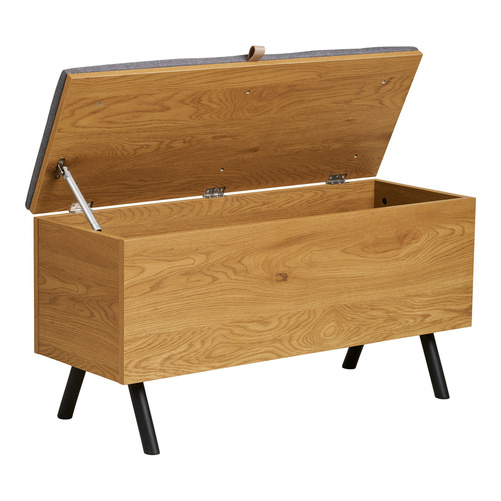 Banc coffre Barco ouvert vue trois quarts espace rangement intérieur bois chêne vérin