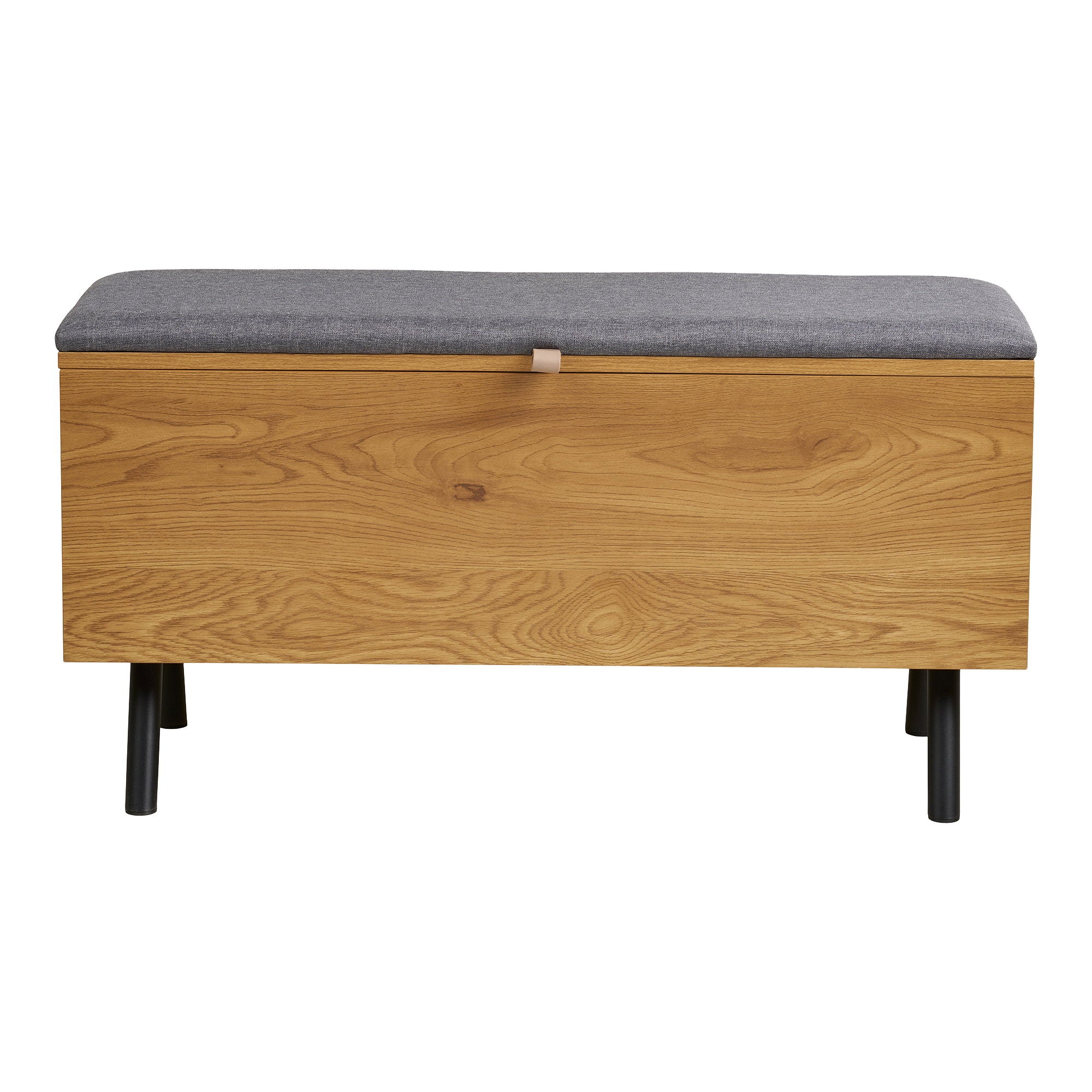 Banc coffre Barco vue de face fermé assise rembourrée grise chêne naturel pieds noirs 92 cm