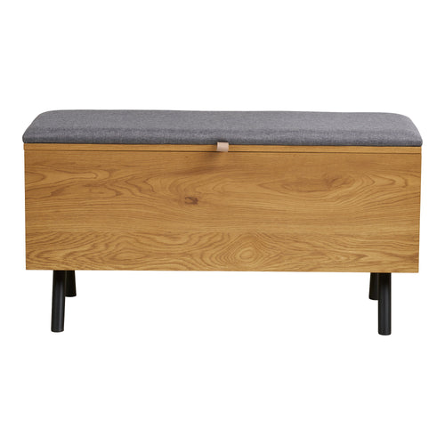 Banc coffre Barco vue de face fermé assise rembourrée grise chêne naturel pieds noirs 92 cm
