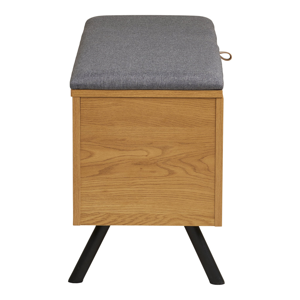 Banc coffre Barco vue profil pieds acier noir mat aspect chêne naturel assise grise 48 cm