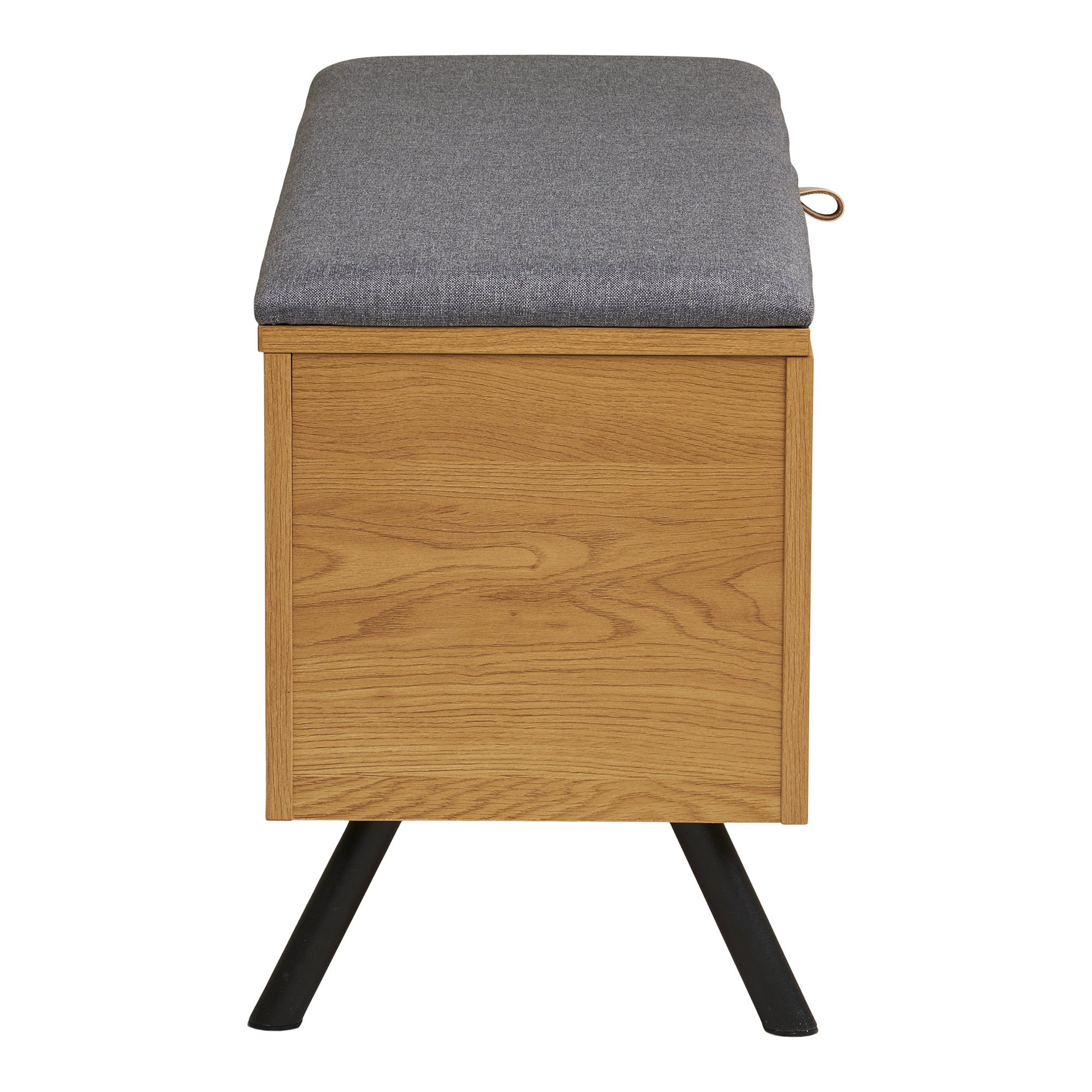 Banc coffre Barco vue profil pieds acier noir mat aspect chêne naturel assise grise 48 cm