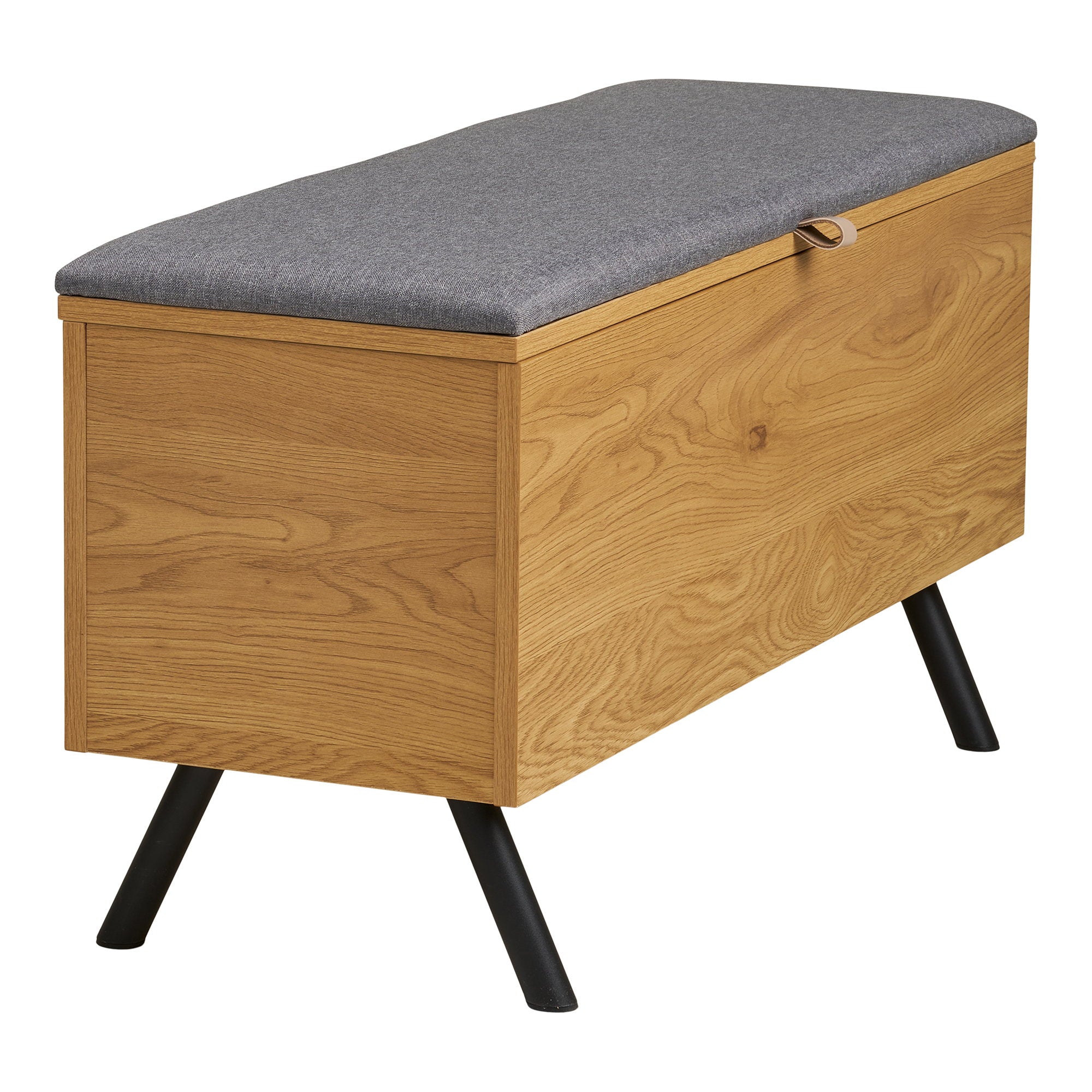 Banc coffre Barco vue trois quarts fermé aspect chêne naturel pieds noirs style mid-century