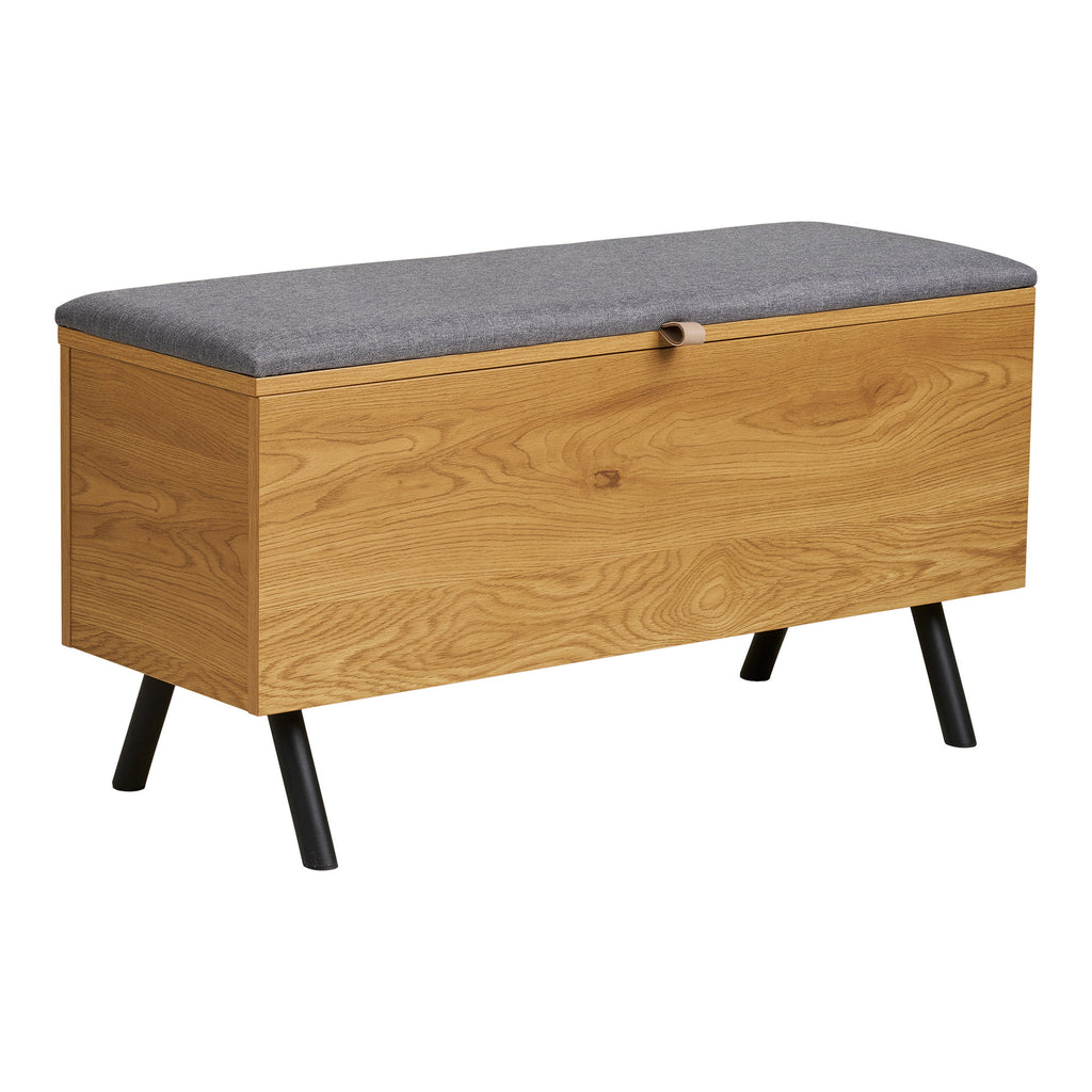 Banc coffre Barco vue trois quarts principal aspect chêne naturel assise gris chiné pieds acier noir