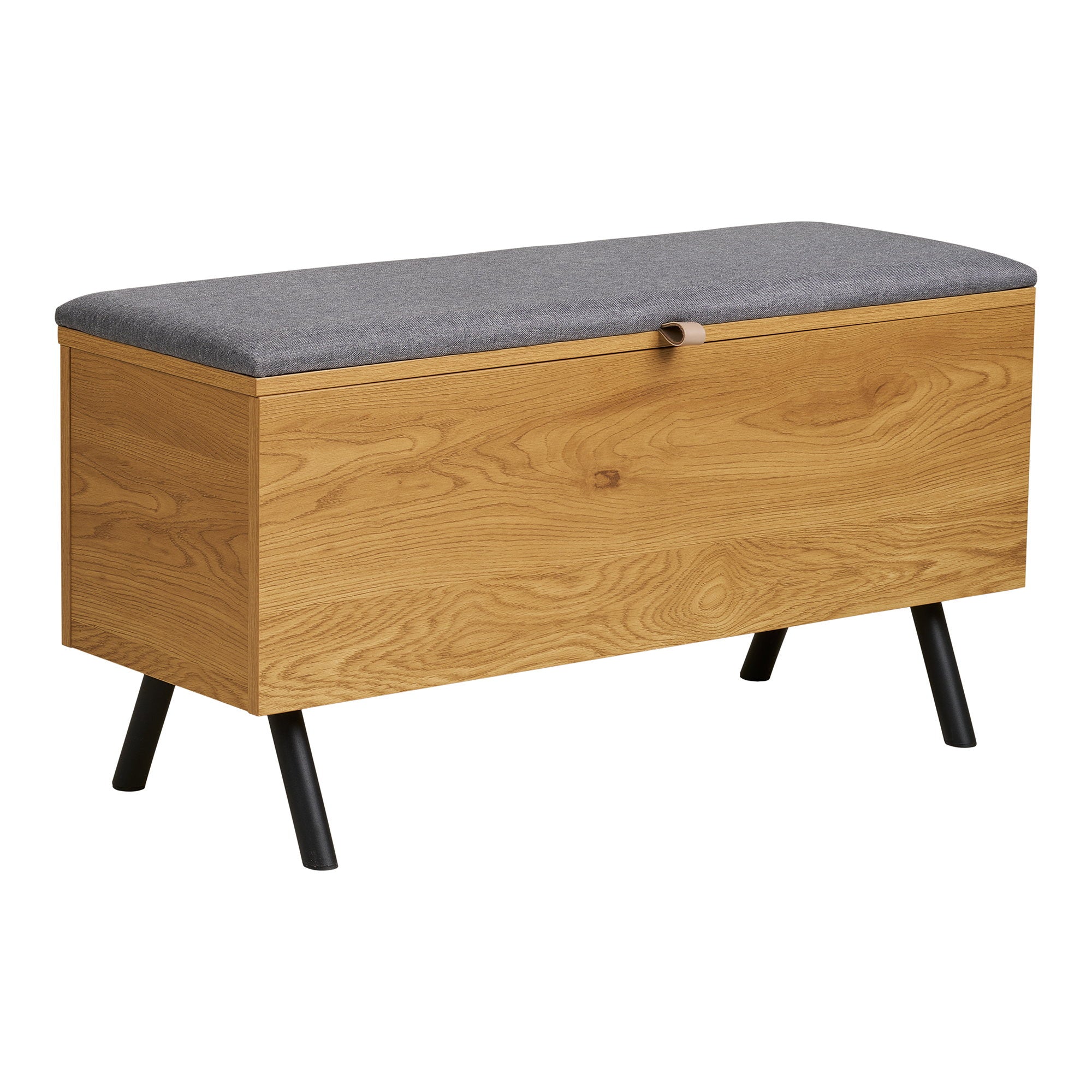 Banc coffre Barco vue trois quarts principal aspect chêne naturel assise gris chiné pieds acier noir