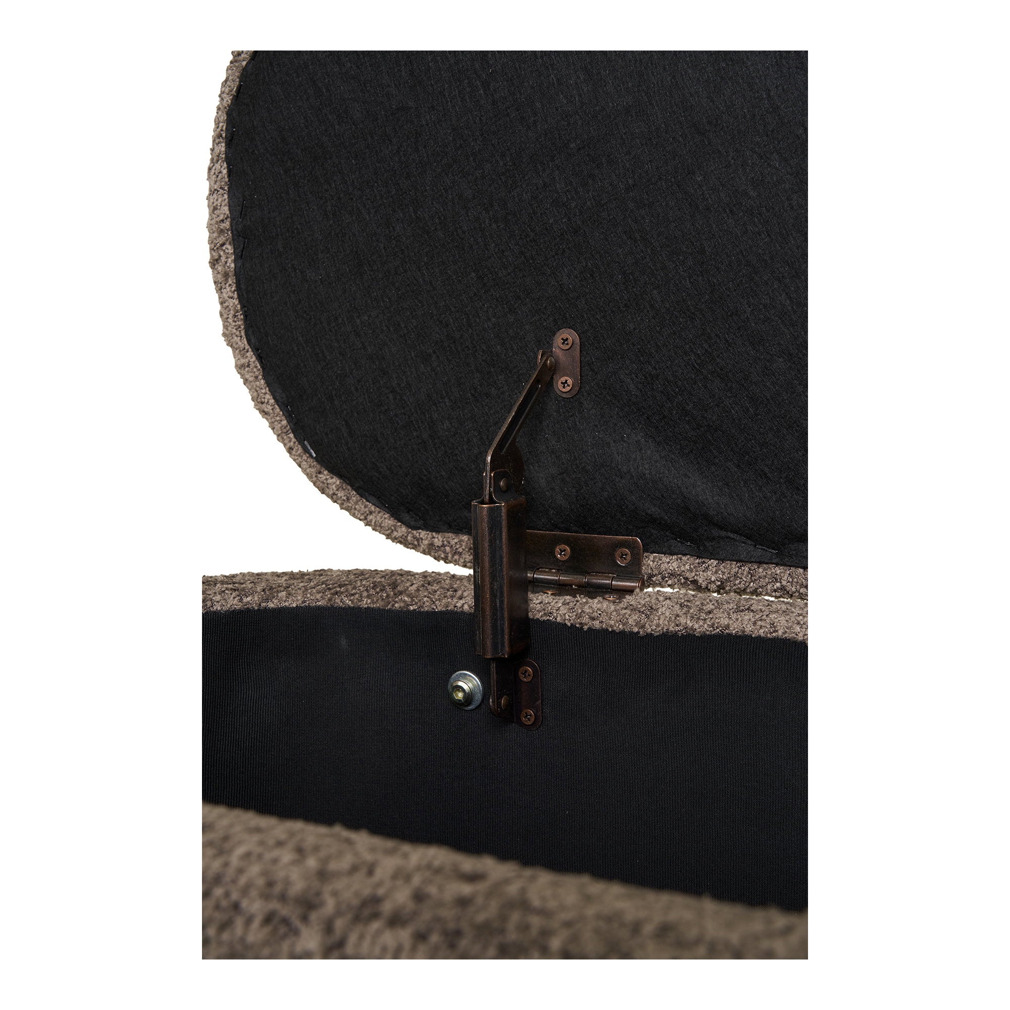 Banc coffre Branca détail charnière bronze couvercle intérieur tissu noir rangement caché