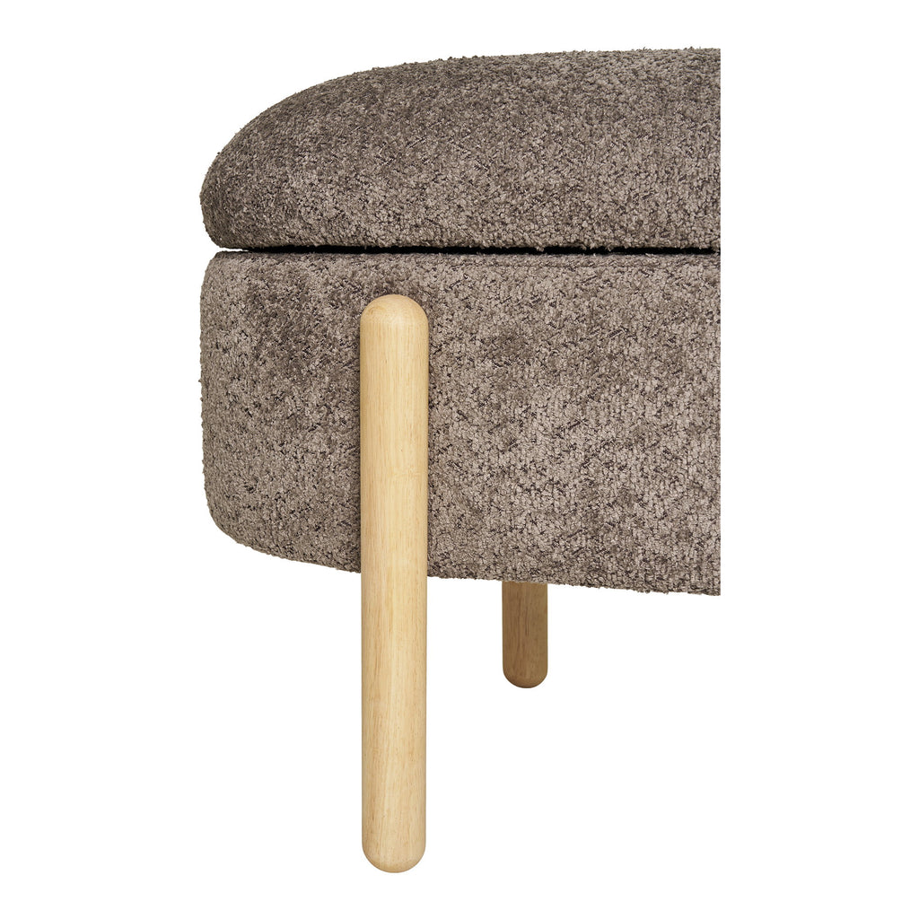 Banc Branca détail pied cylindrique bois naturel clair bouclé brun taupe assemblage organique