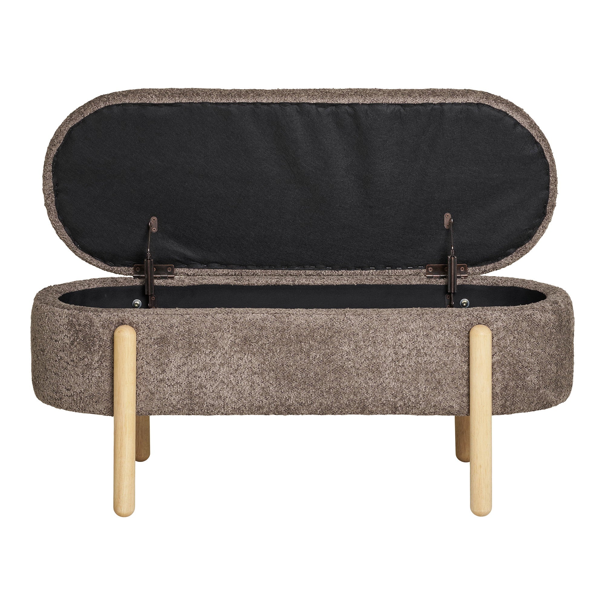 Banc coffre Branca ouvert vue de face rangement intérieur noir charnières bronze 97 cm