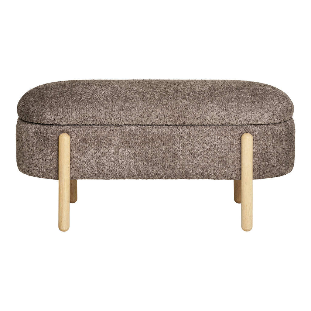 Banc coffre Branca vue de face fermé assise ovale rembourrée brun taupe pieds bois 97 cm