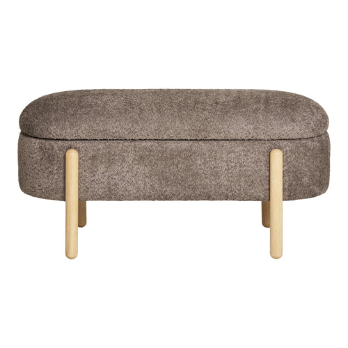 Banc coffre Branca vue de face fermé assise ovale rembourrée brun taupe pieds bois 97 cm