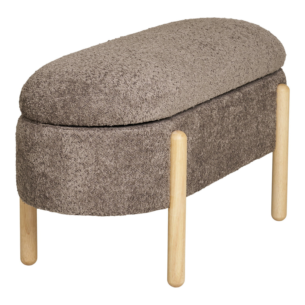 Banc coffre Branca vue profil silhouette ovale bouclé brun taupe pieds cylindriques bois naturel