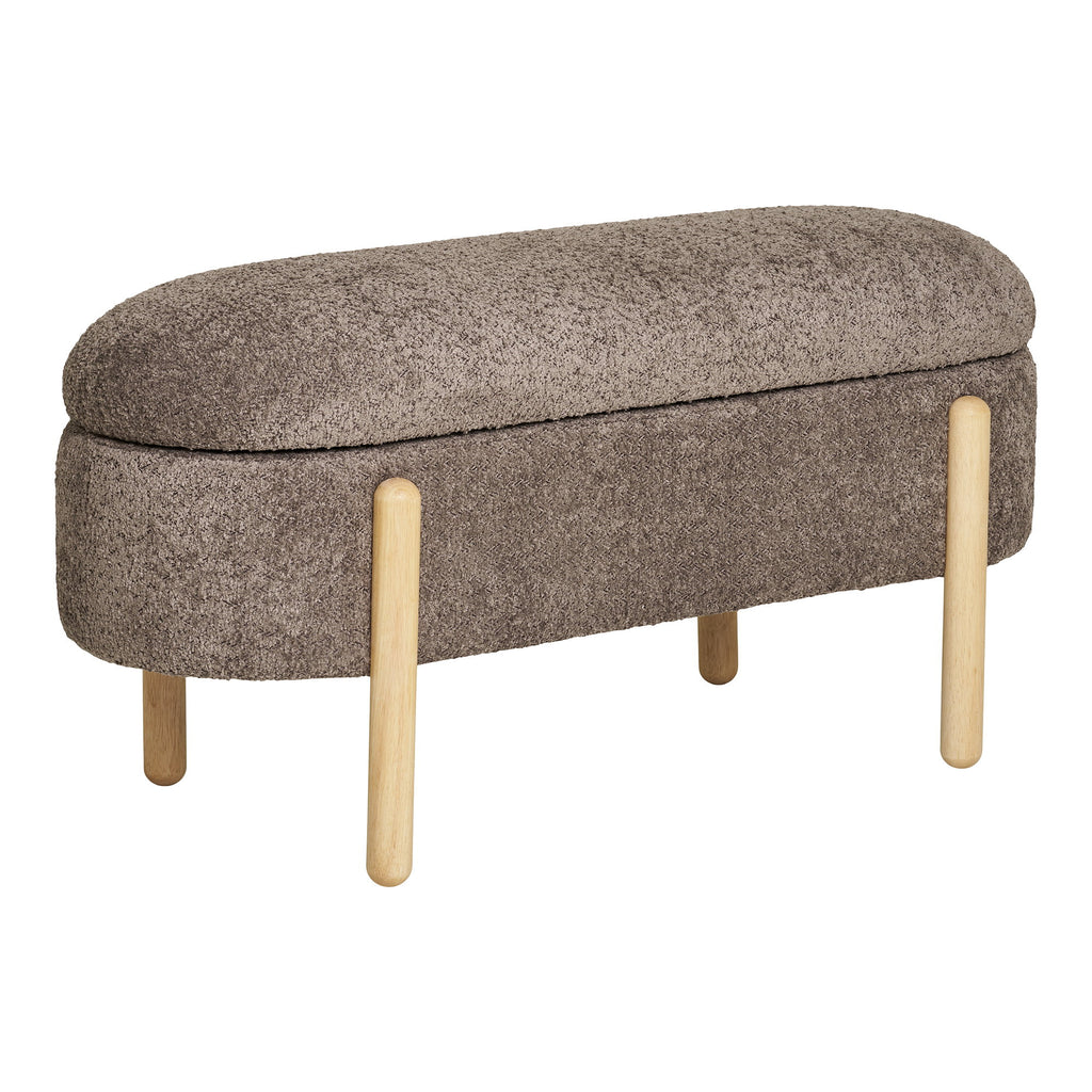 Banc coffre Branca vue trois quarts principal bouclé brun taupe pieds bois naturel 97 cm